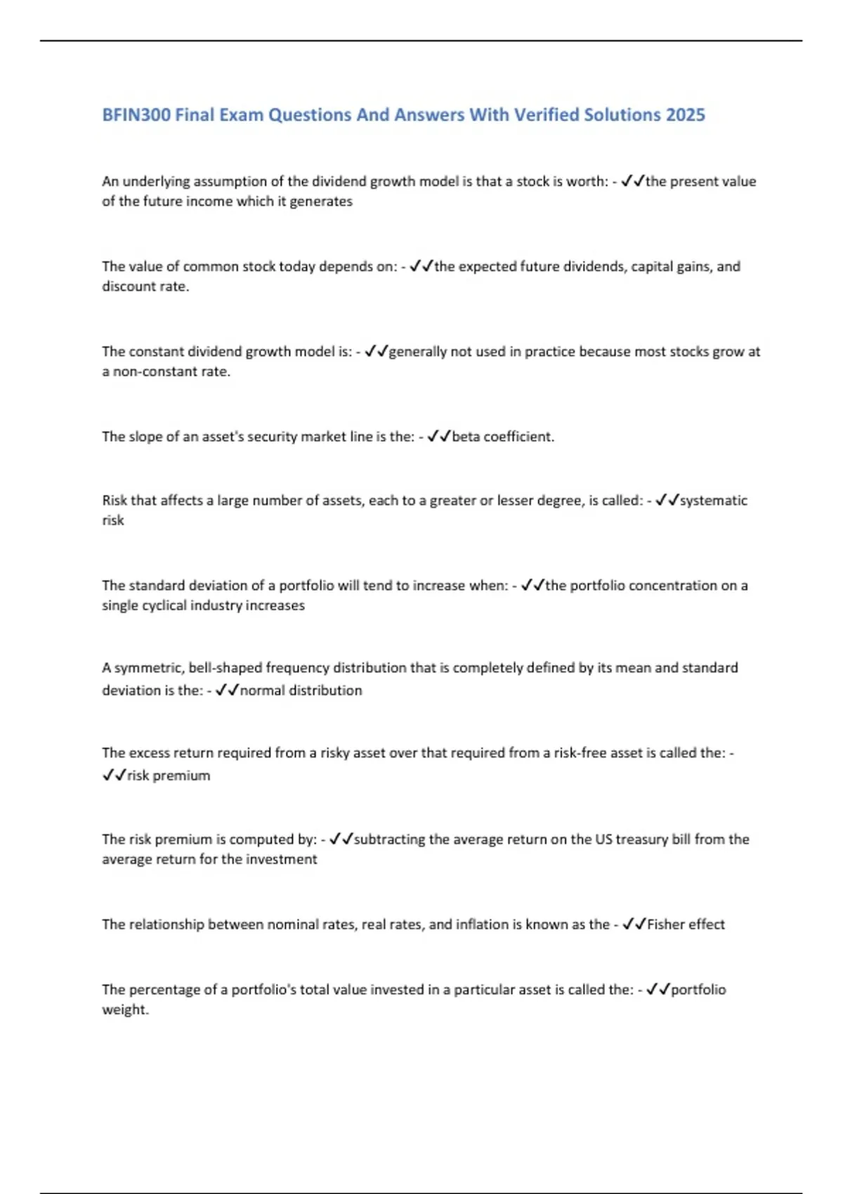 BFIN300 Final Exam Questions And Answers With Verified Solutions 2025 ...