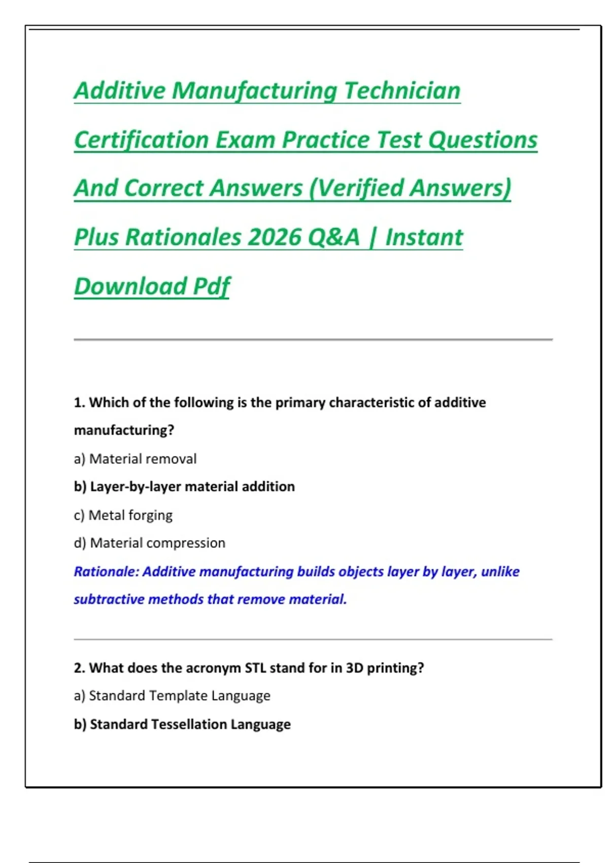 Basic Manufacturing Test Examples Additive Manufacturing Technician Certification Exam Practice Test ...