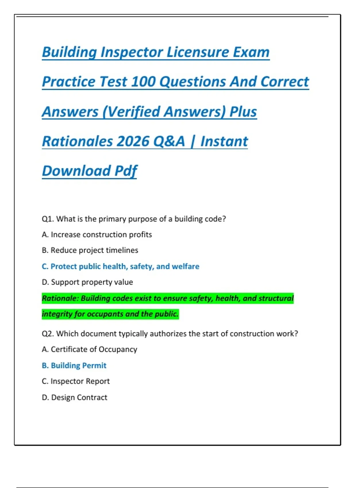Building Inspector Licensure Exam Practice Test 100 Questions And ...