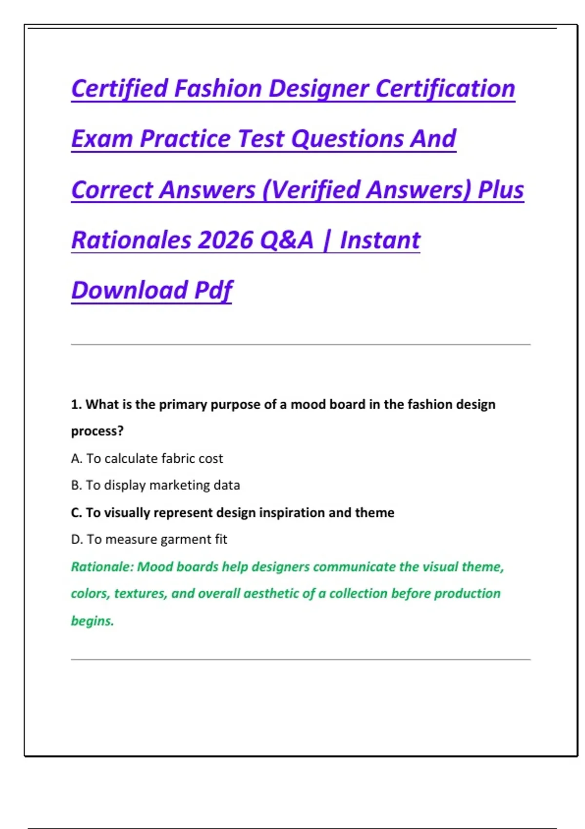 Certified Fashion Designer Certification Exam Practice Test Questions ...