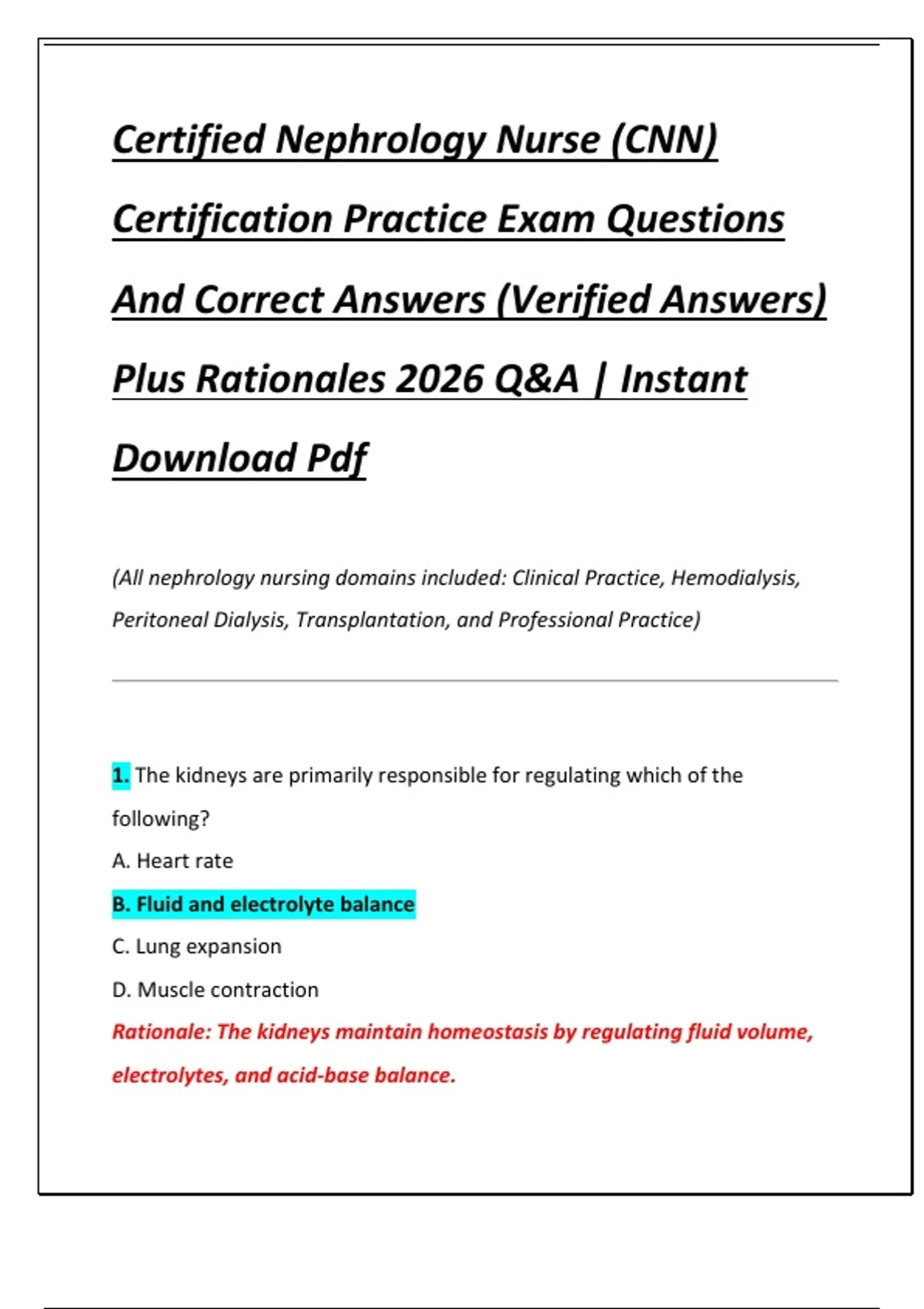Certified Nephrology Nurse (CNN) Certification Practice Exam Questions And Correct Answers ...