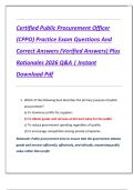 Certified Public Procurement Officer  &lpar;CPPO&rpar; Practice Exam Questions And  Correct Answers &lpar;Verified Answers&rpar; Plus  Rationales 2026 Q&A &vert; Instant  Download Pdf