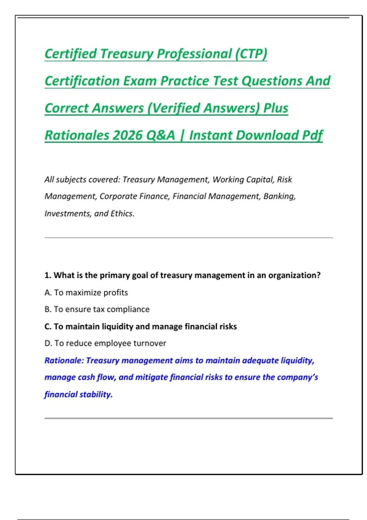 Certified Treasury Professional (CTP) Certification Exam Practice Test ...