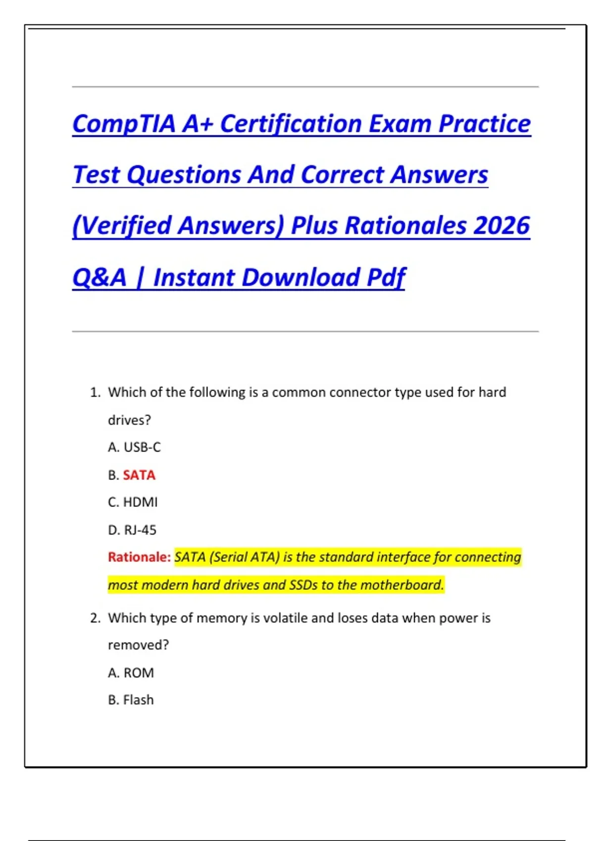 CompTIA A+ Certification Exam Practice Test Questions And Correct ...