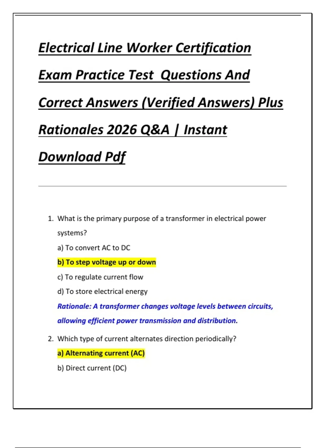 Electrical Line Worker Certification Exam Practice Test Questions And ...