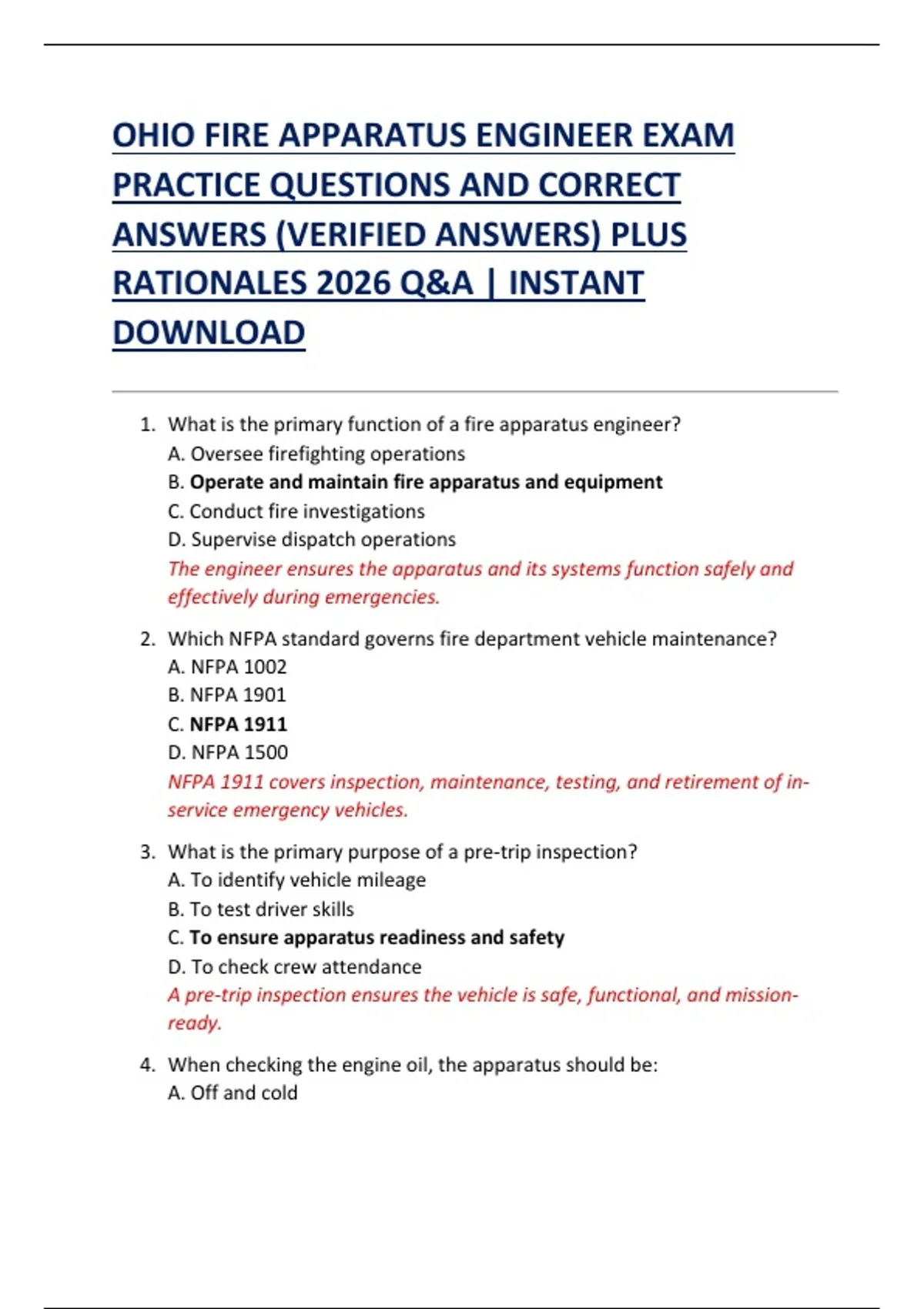 OHIO FIRE APPARATUS ENGINEER EXAM PRACTICE QUESTIONS AND CORRECT ...