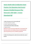 Home Health Aide Certification Exam  Practice Test Questions And Correct  Answers &lpar;Verified Answers&rpar; Plus  Rationales 2026 Q&A &vert; Instant  Download Pdf
