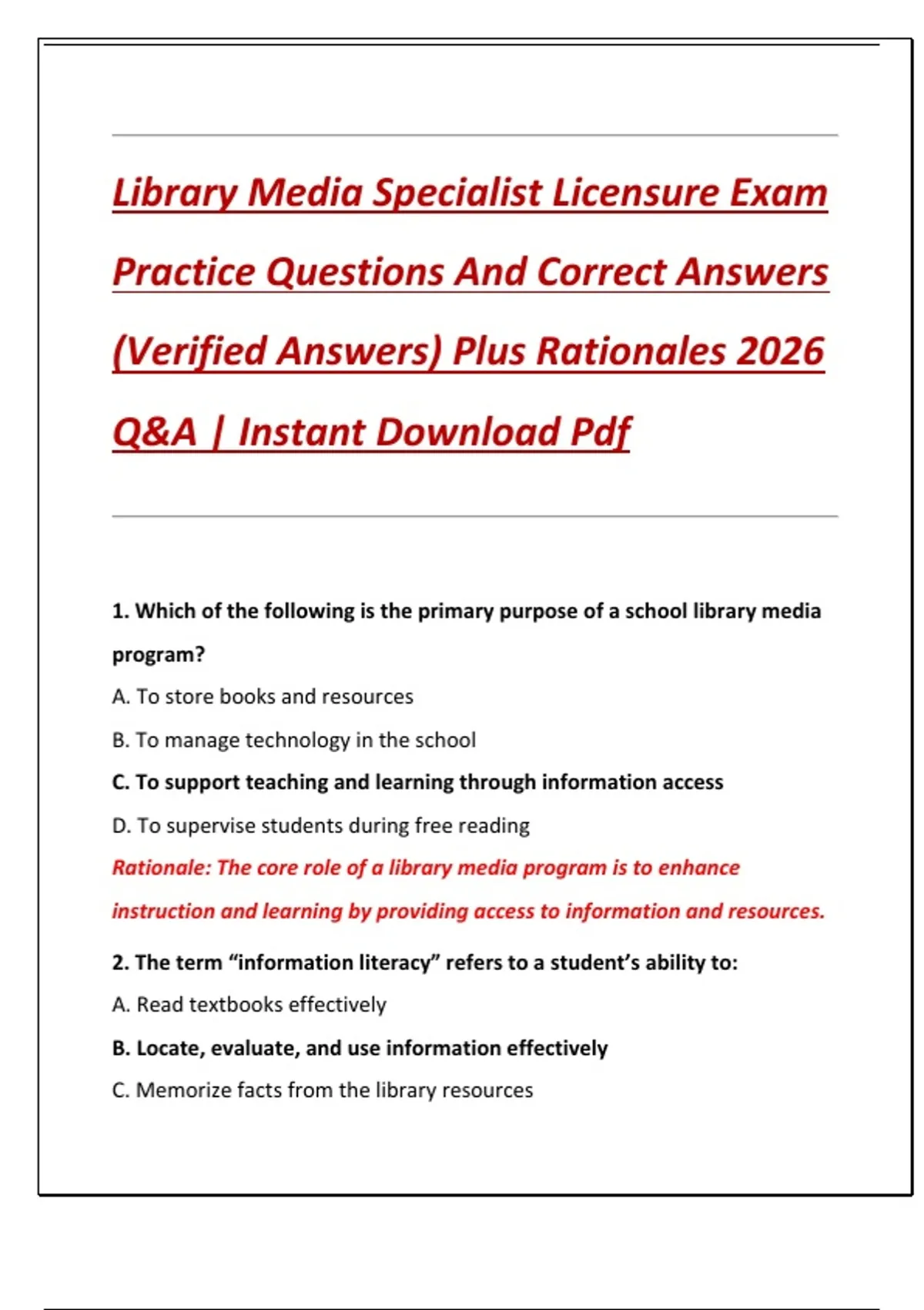 Library Media Specialist Licensure Exam Practice Questions And Correct ...