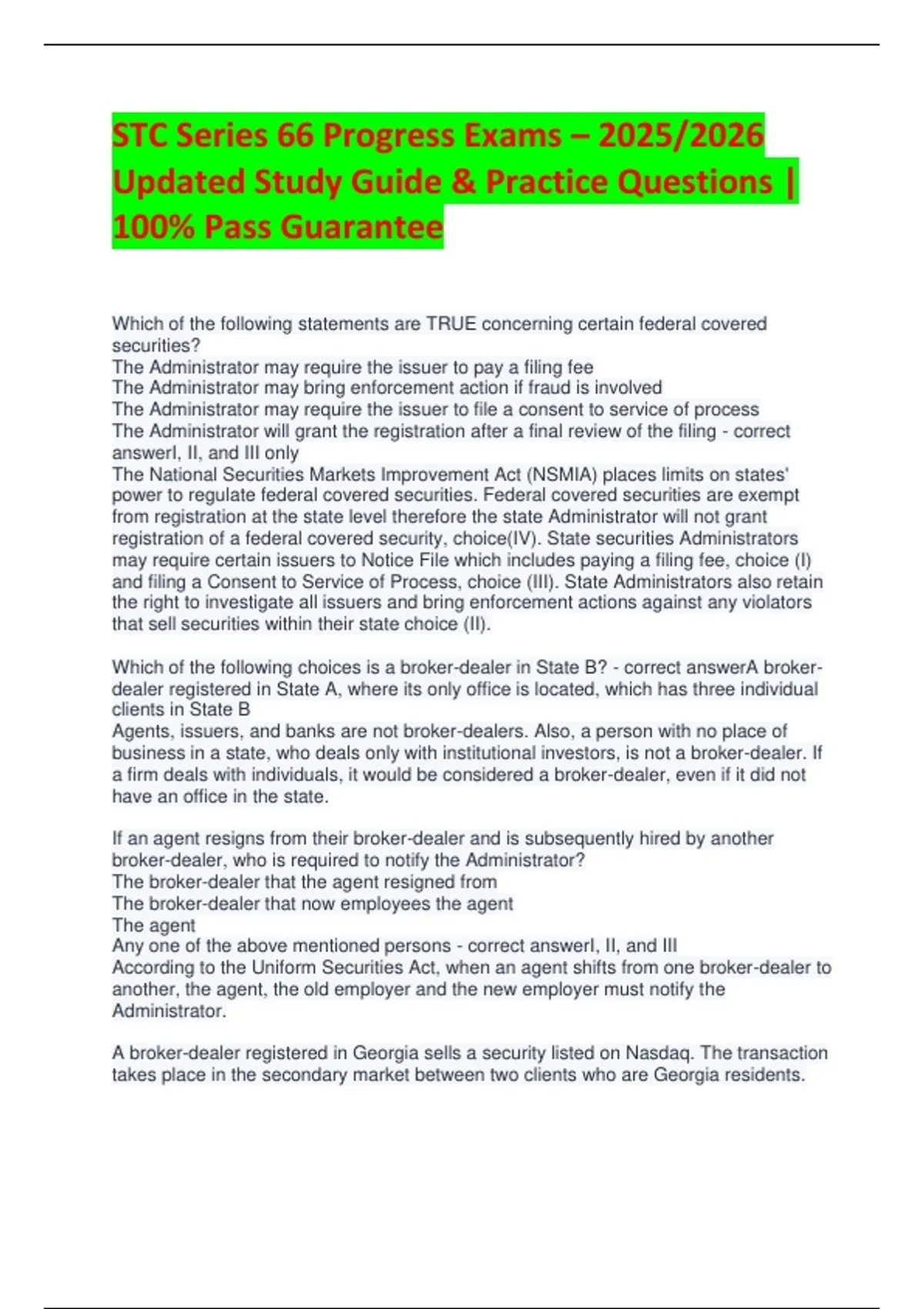 STC Series 66 Progress Exams – 2025/2026 Updated Study Guide & Practice ...