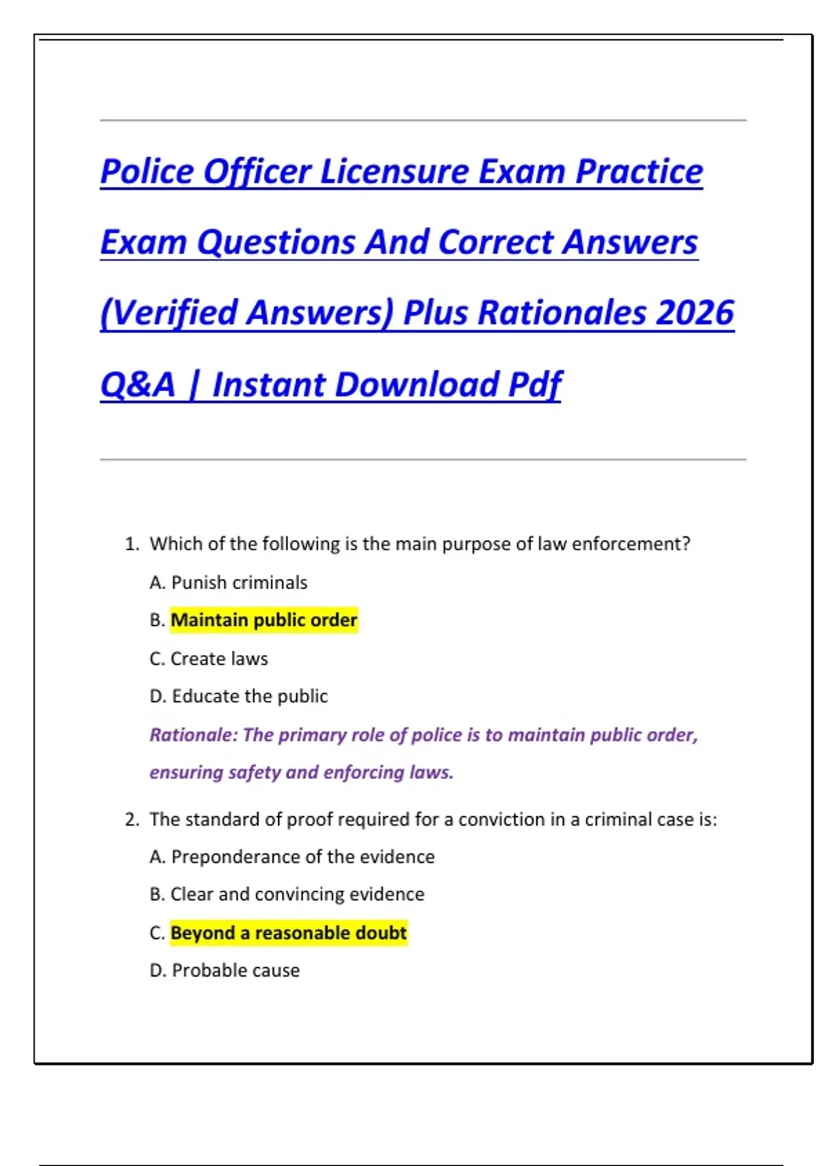 Police Officer Licensure Exam Practice Exam Questions And Correct ...