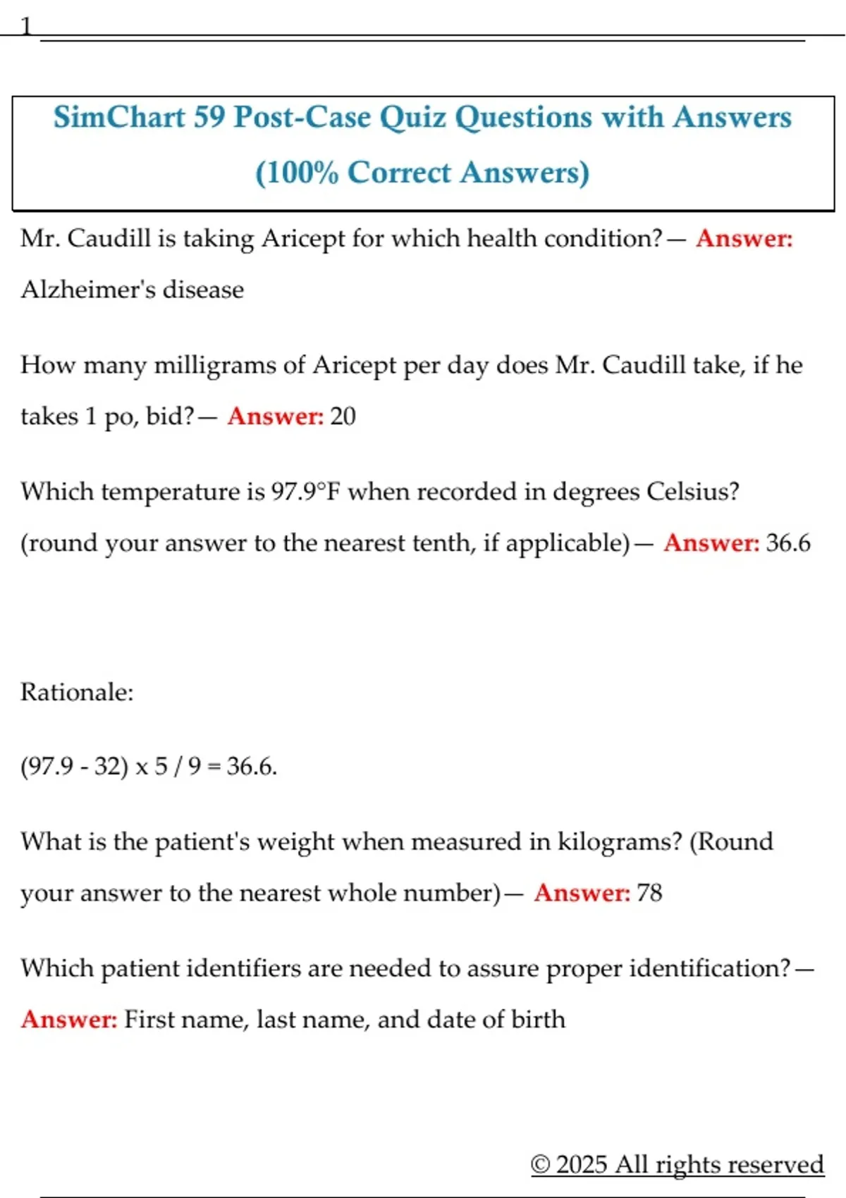 SimChart 59 Post-Case Quiz Questions with Answers (100% Correct Answers ...