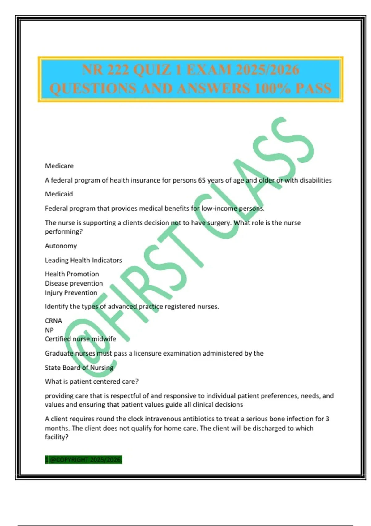 NR 222 QUIZ 1 EXAM 2025/2026 QUESTIONS AND ANSWERS 100% PASS - NR 222 ...