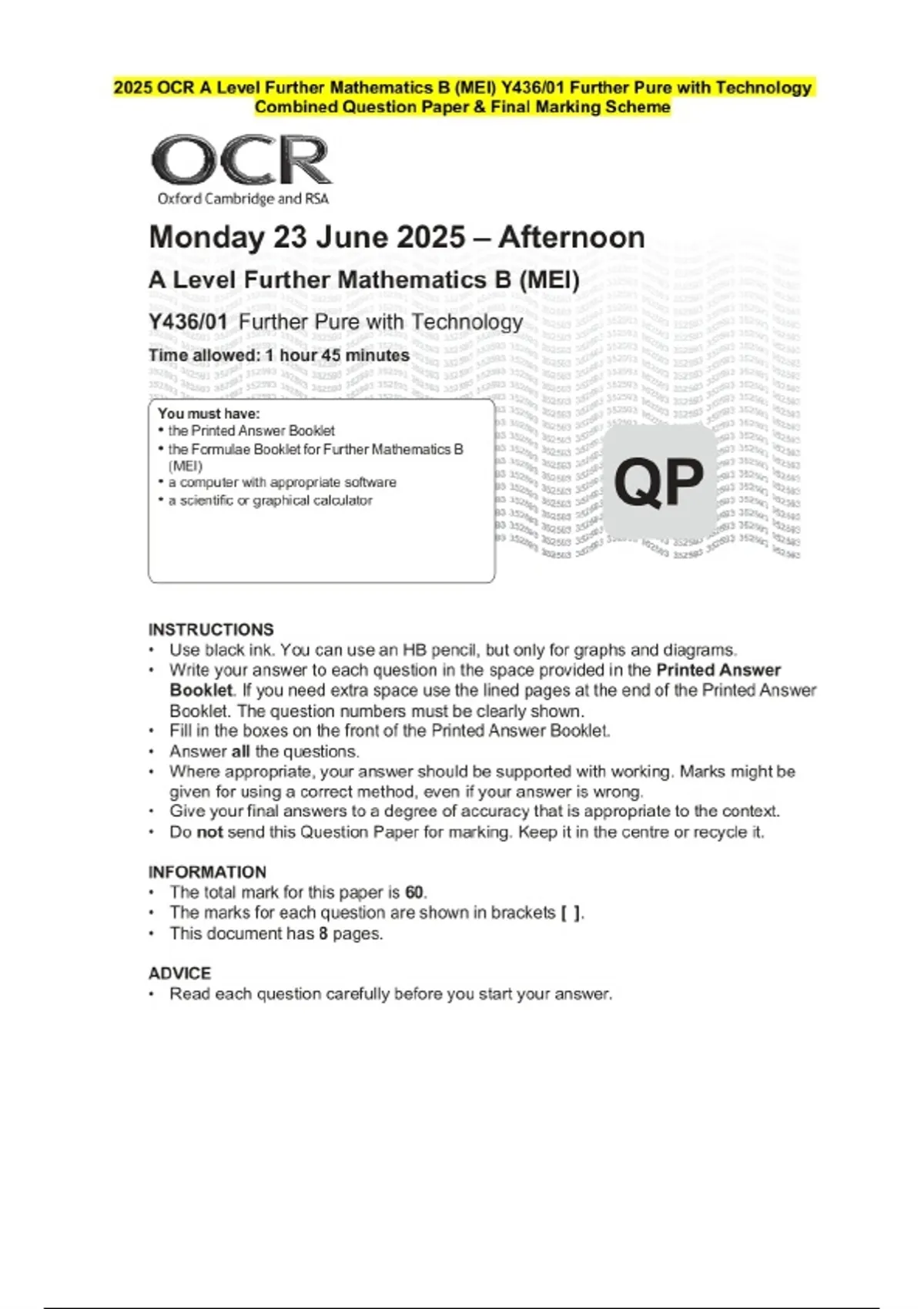 2025 OCR A Level Further Mathematics B MEI Y436 01 Further Pure With 2025-ocr-a-level-further-mathematics-b-mei-y436-01-further-pure-with