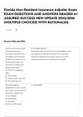 Florida Non-Resident Insurance Adjuster Exam EXAM QUESTIONS AND ANSWERS GRADED A&plus; ASSURED SUCCESS NEW UPDATE 2025&sol;2026 &lpar;MULTIPLE CHOICES&rpar; WITH RATIONALES&period;