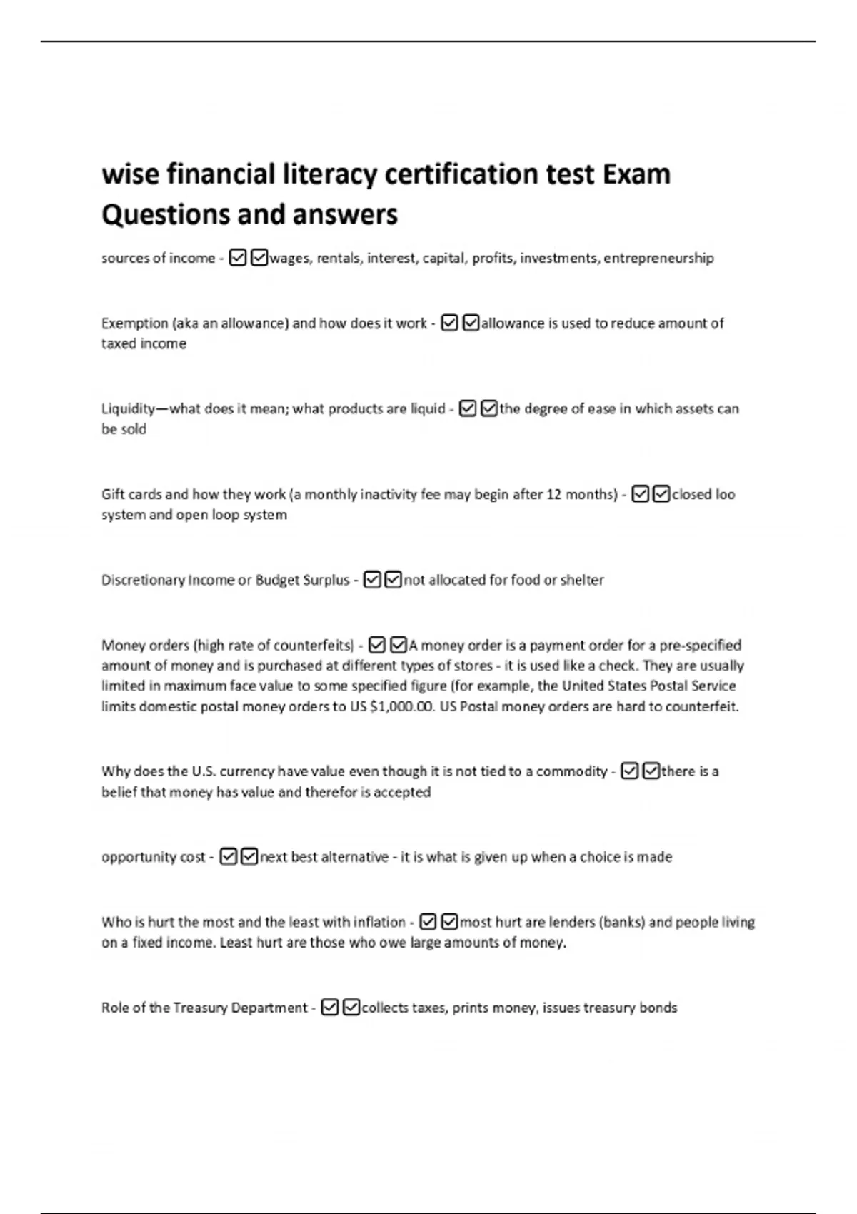 wise financial literacy certification test Exam Questions and answers ...