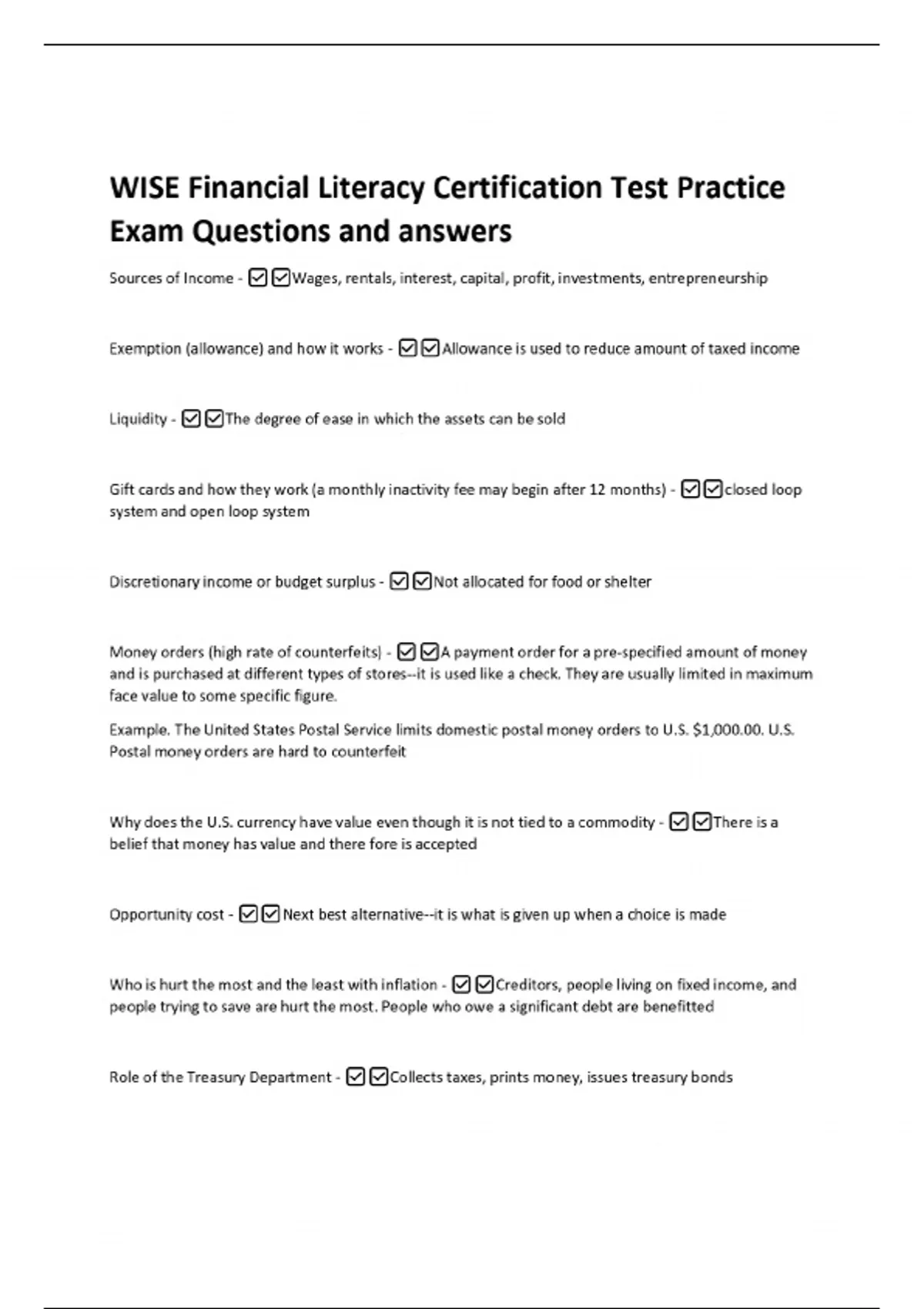 WISE Financial Literacy Certification Test Practice Exam Questions and ...