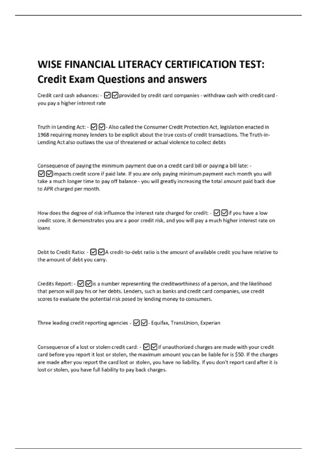 WISE FINANCIAL LITERACY CERTIFICATION TEST: Credit Exam Questions and ...