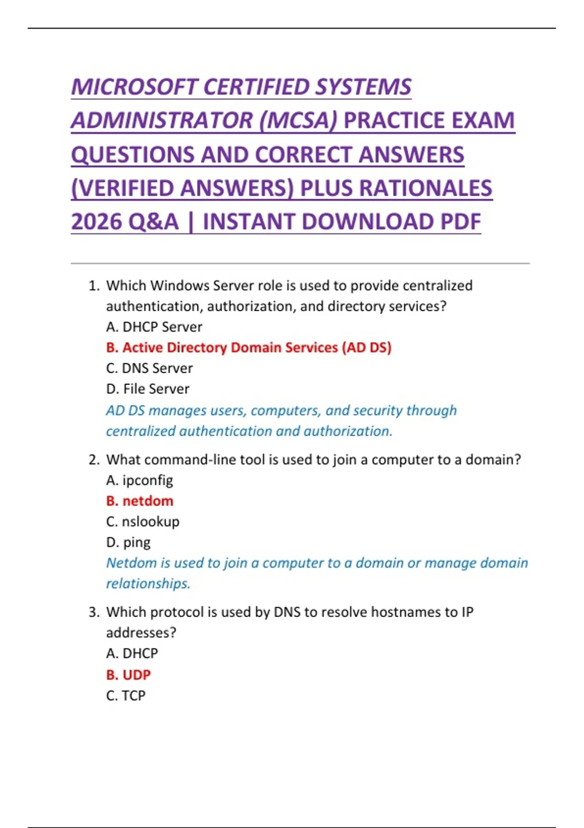 MICROSOFT CERTIFIED SYSTEMS ADMINISTRATOR (MCSA) PRACTICE EXAM ...