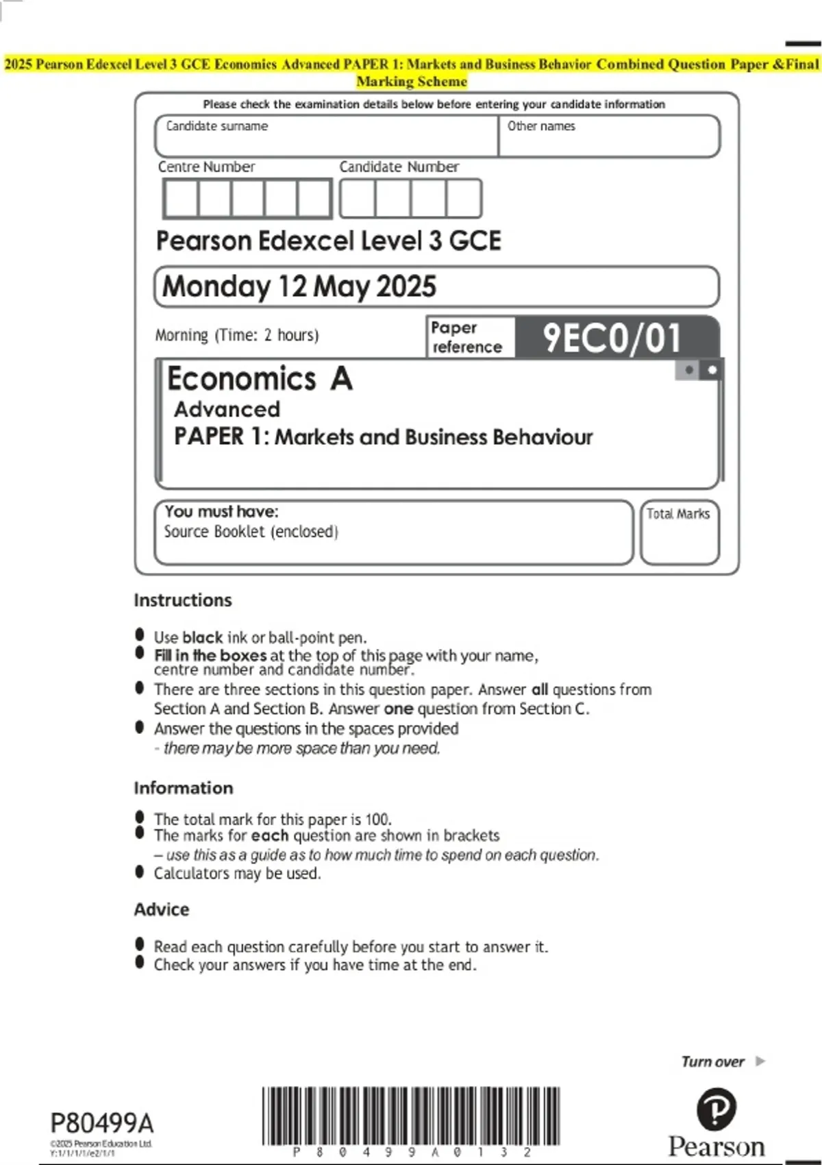 2025 Pearson Edexcel Level 3 GCE Economics Advanced PAPER 1: Markets ...