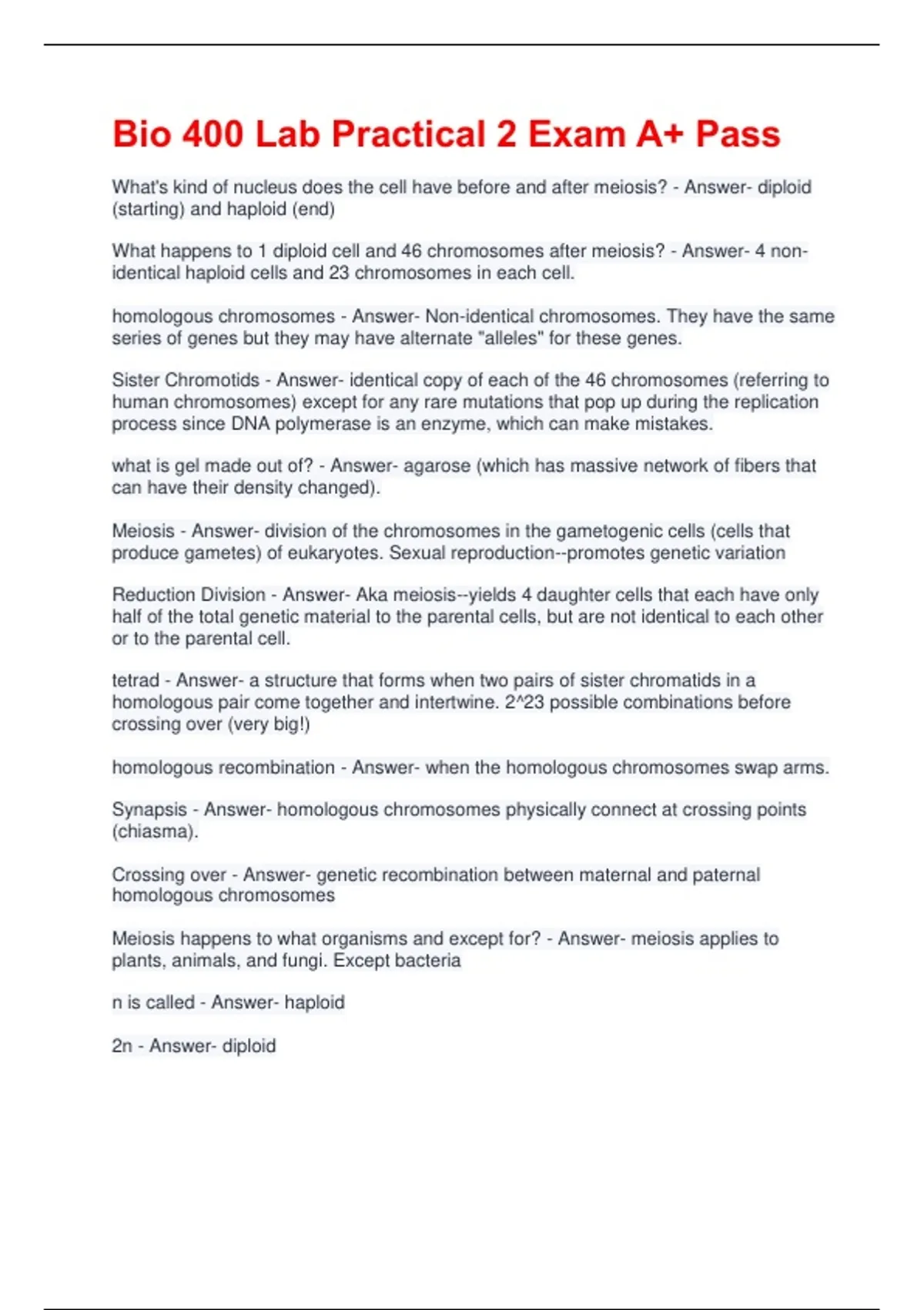 Bio 400 Lab Practical 2 Exam A+ Pass - Bio 400 Lab Practical 2 - Stuvia US