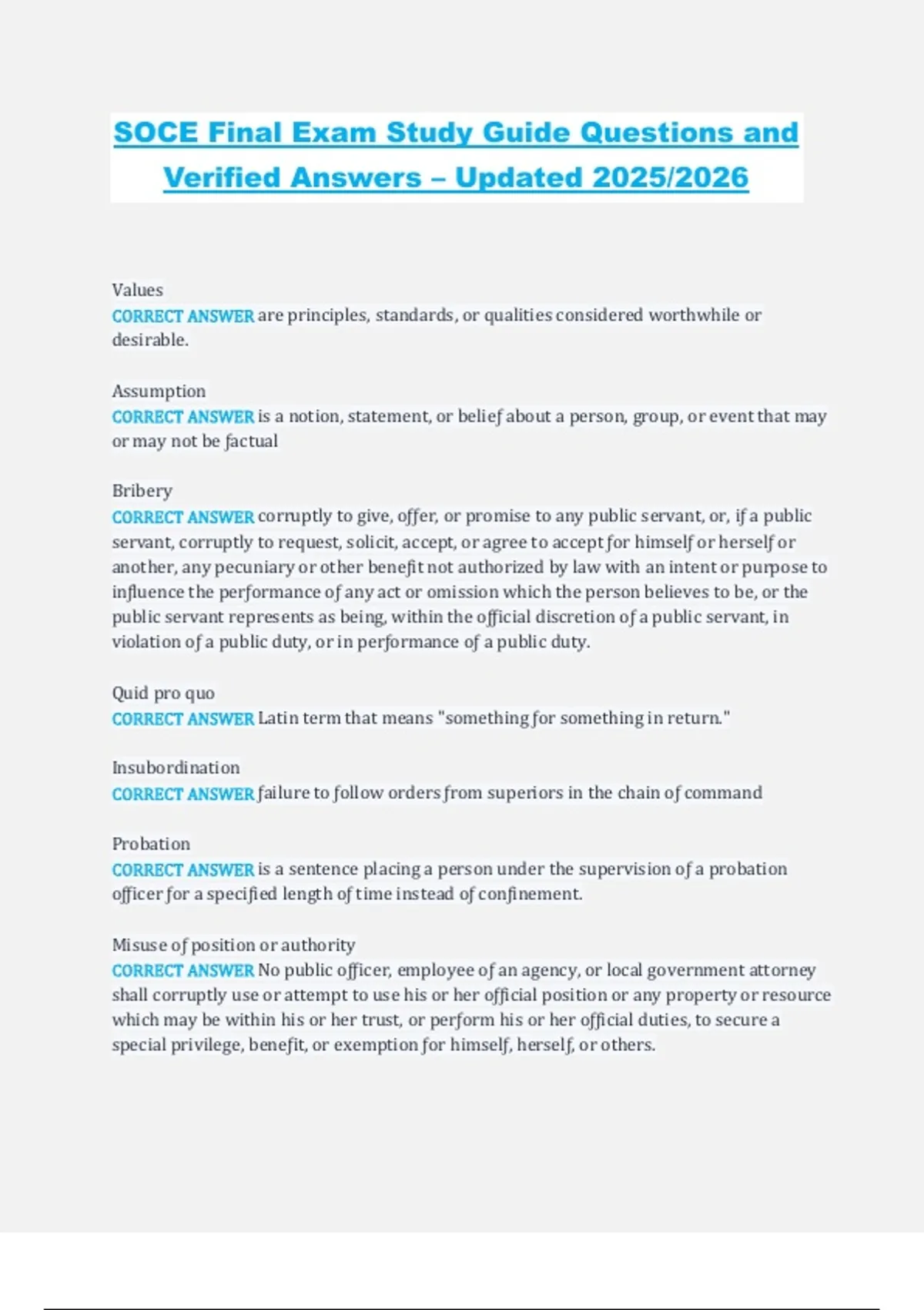 Soce Questions SOCE Final Exam Study Guide Questions and Verified Answers – Updated ...