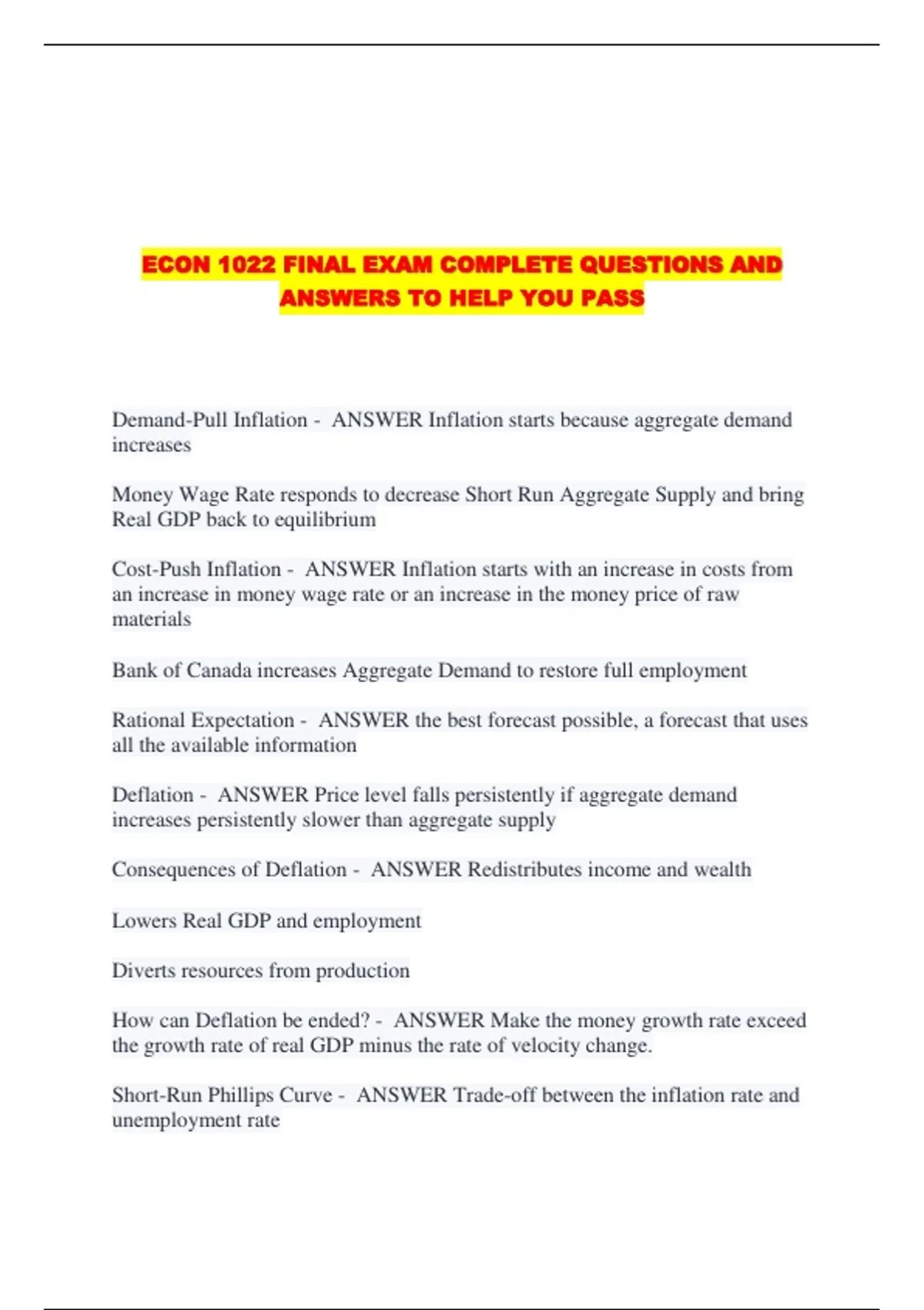 ECON 1022 FINAL EXAM COMPLETE QUESTIONS AND ANSWERS TO HELP YOU PASS ...