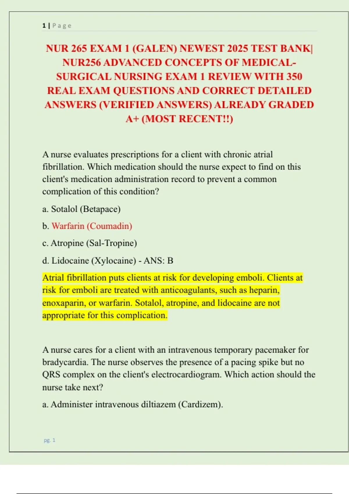 NUR 265 EXAM 1 (GALEN) NEWEST 2025 TEST BANK| NUR256 ADVANCED CONCEPTS ...