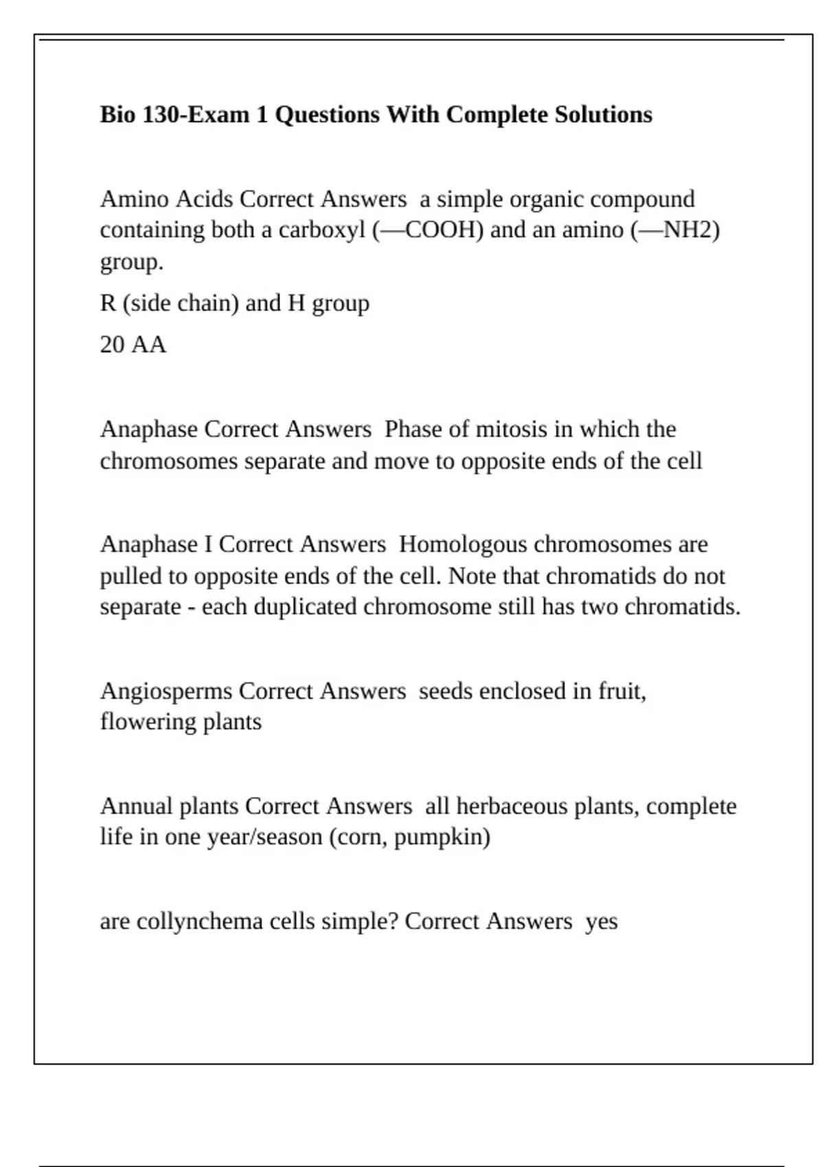 Bio 130-Exam 1 Questions With Complete Solutions - Bio 130 - Stuvia US