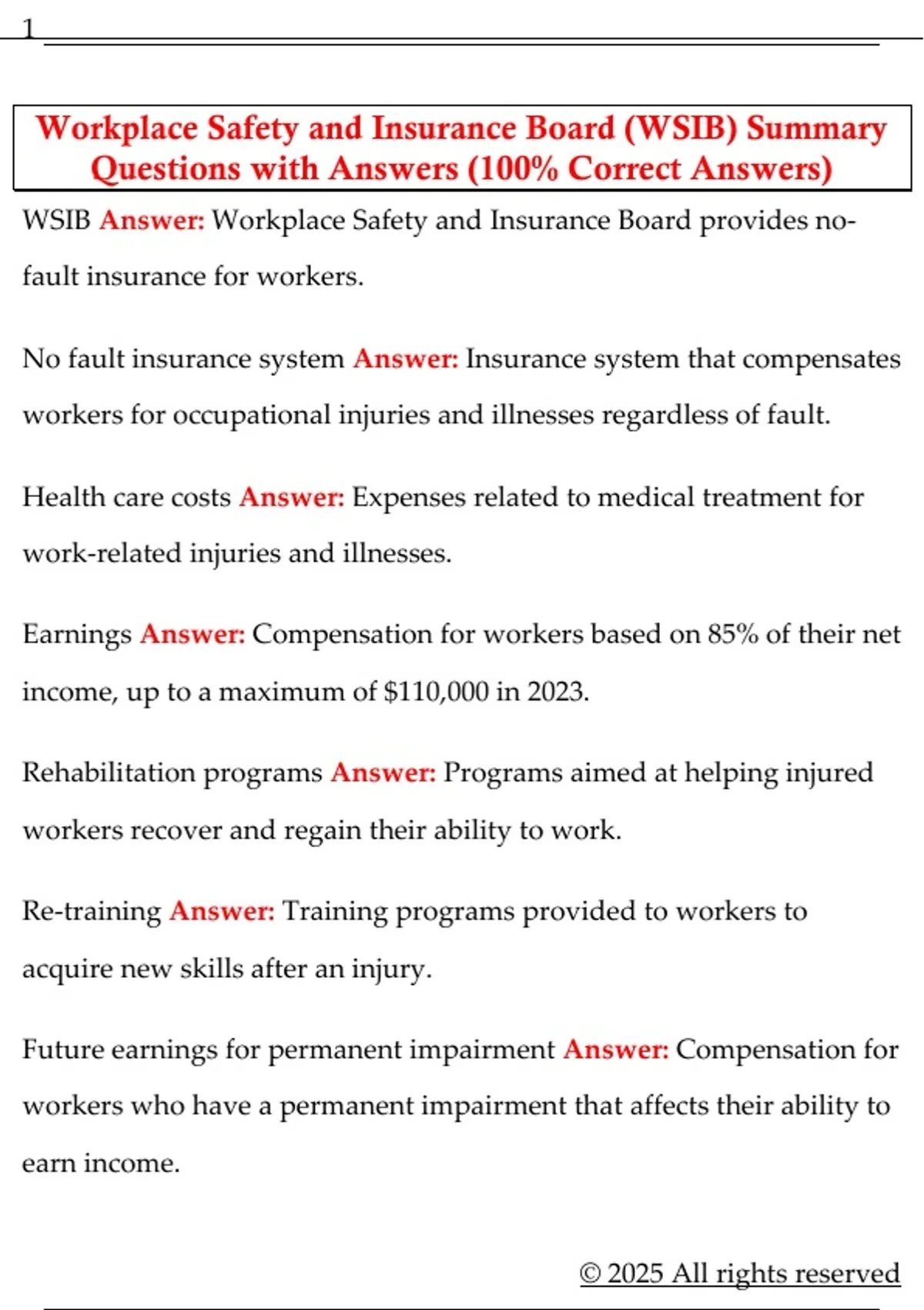 Workplace Safety and Insurance Board (WSIB) Summary Questions with ...
