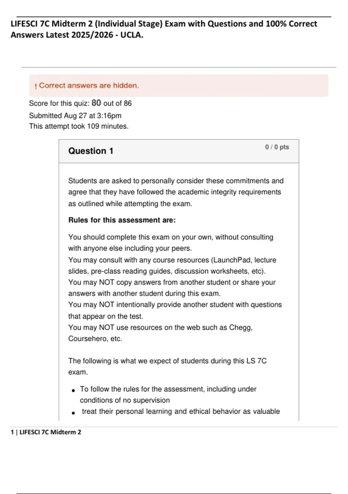 LIFESCI 7C Midterm 2 (Individual Stage) Exam with Questions and 100% ...
