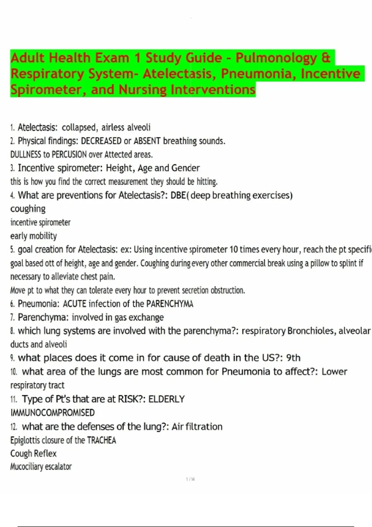 Adult Health Exam 1 Study Guide – Pulmonology & Respiratory System ...