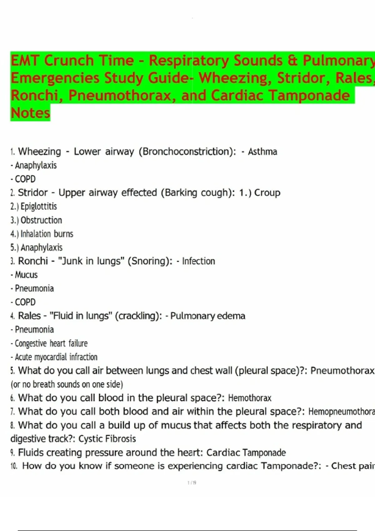 EMT Crunch Time – Respiratory Sounds & Pulmonary Emergencies Study ...
