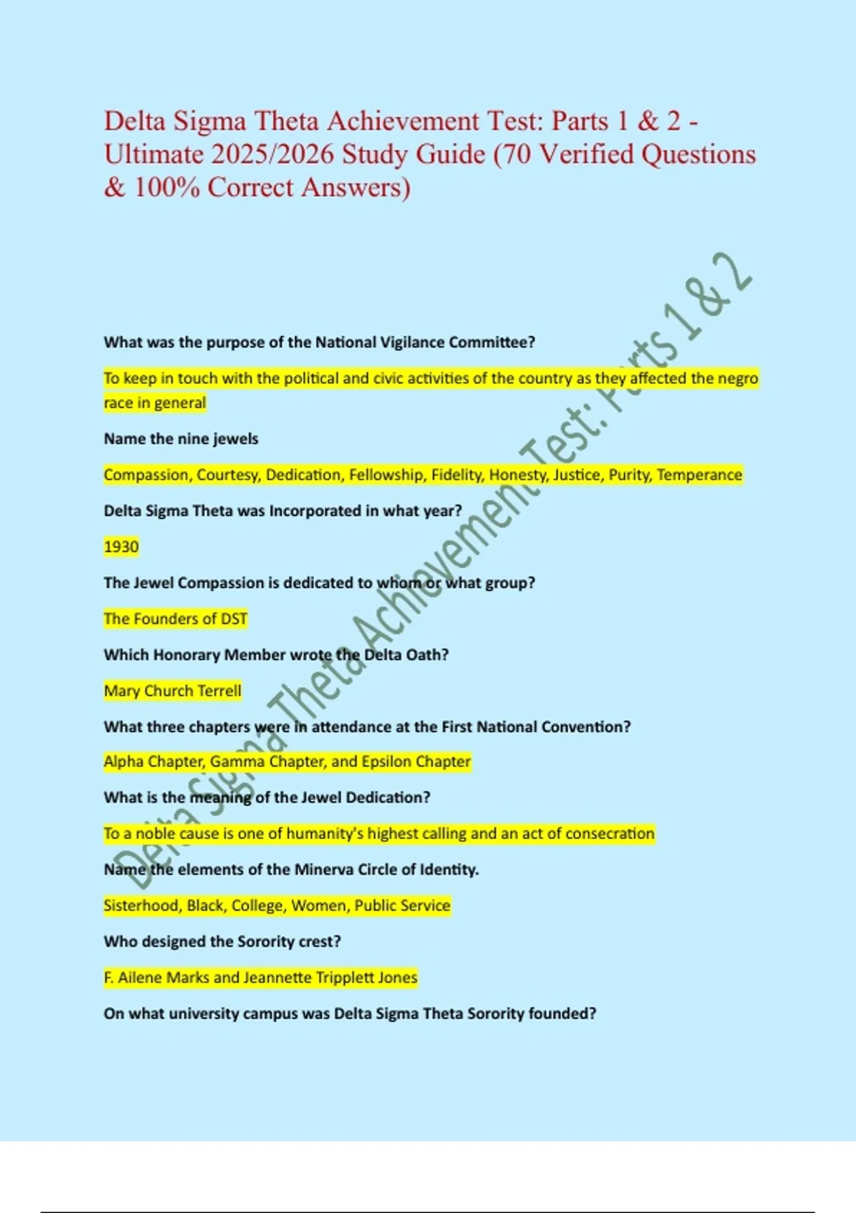Delta Sigma Theta Achievement Test: Parts 1 &amp; 2 - Ultimate 2025/2026 Study Guide (70 Verified ...