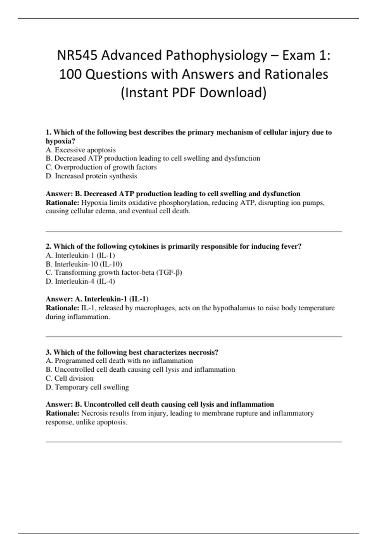 NR545 Advanced Pathophysiology – Exam 1: 100 Questions with Answers and ...