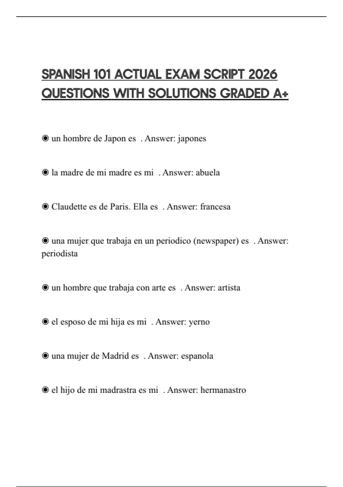 Spanish 101 Notes.pdf SPANISH 101 ACTUAL EXAM SCRIPT 2026 QUESTIONS WITH SOLUTIONS GRADED A+ ...