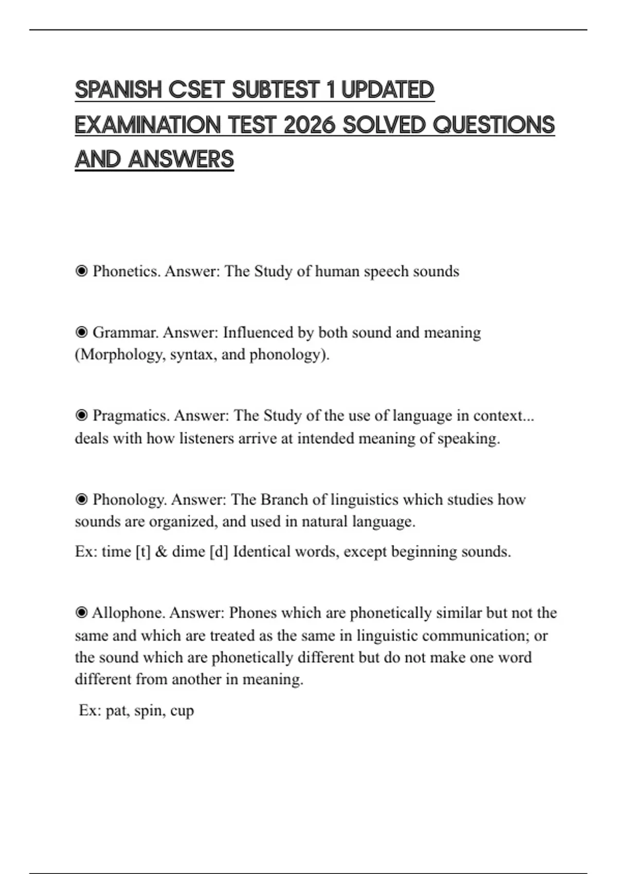 SPANISH CSET SUBTEST 1 UPDATED EXAMINATION TEST 2026 SOLVED QUESTIONS AND ANSWERS - SPANISH CSET ...