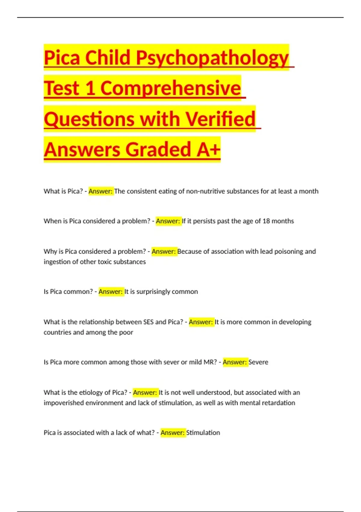 Pica Course Pica Child Psychopathology Test 1 Comprehensive Questions with Verified ...