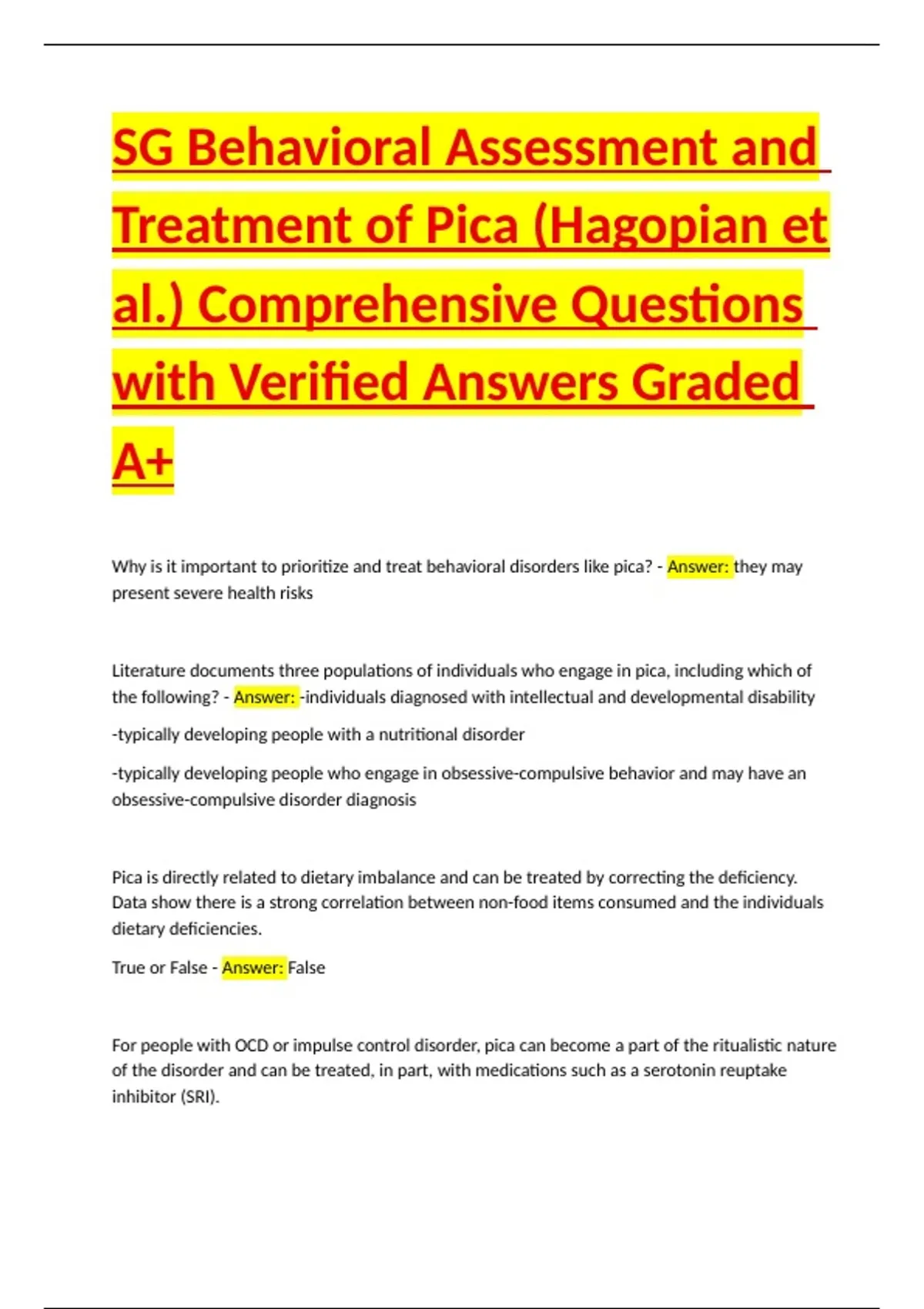 Pica Score SG Behavioral Assessment and Treatment of Pica (Hagopian et al ...