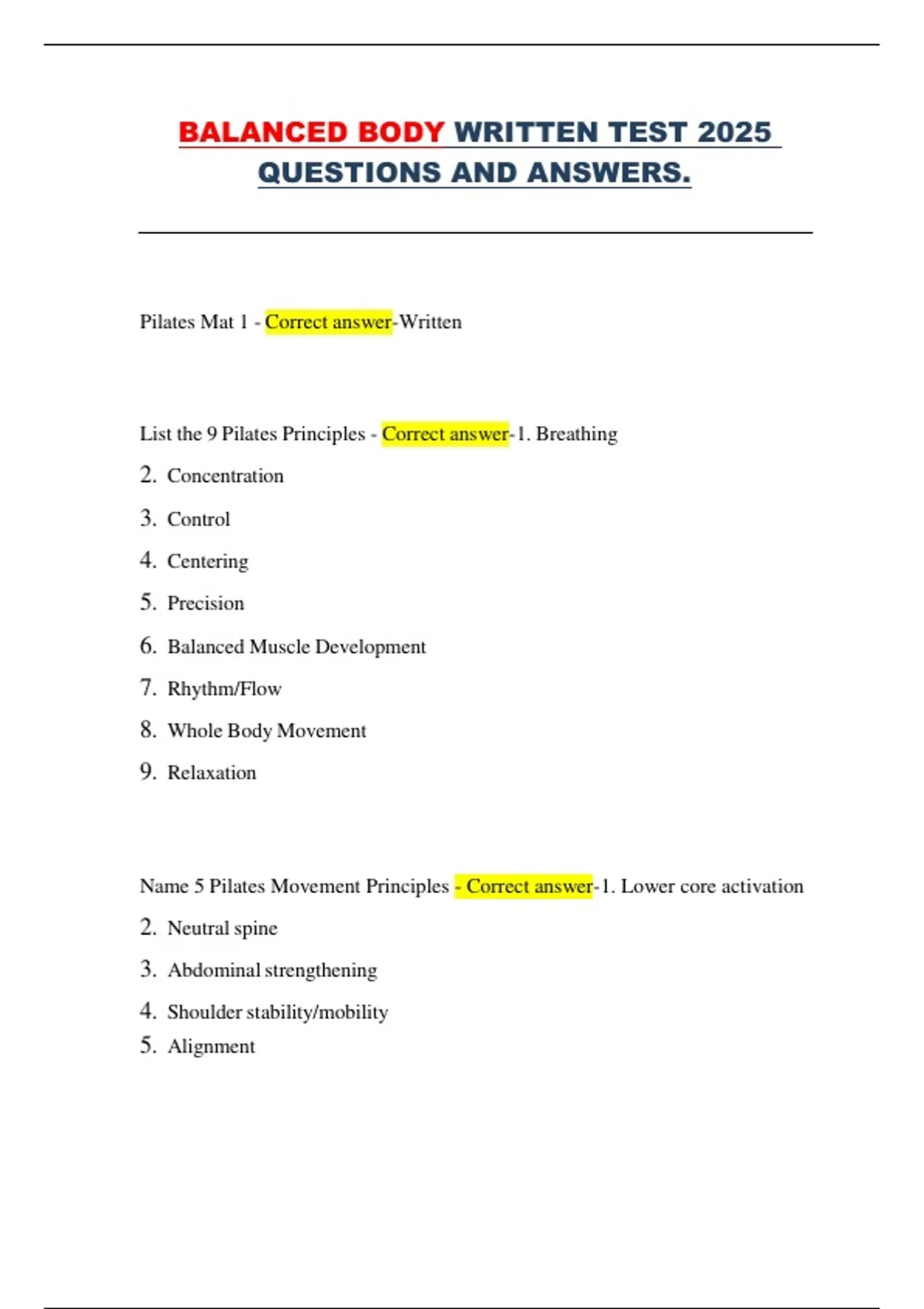 Balanced Body Written Test 2025 – Pilates Mat, Reformer, Cadillac ...
