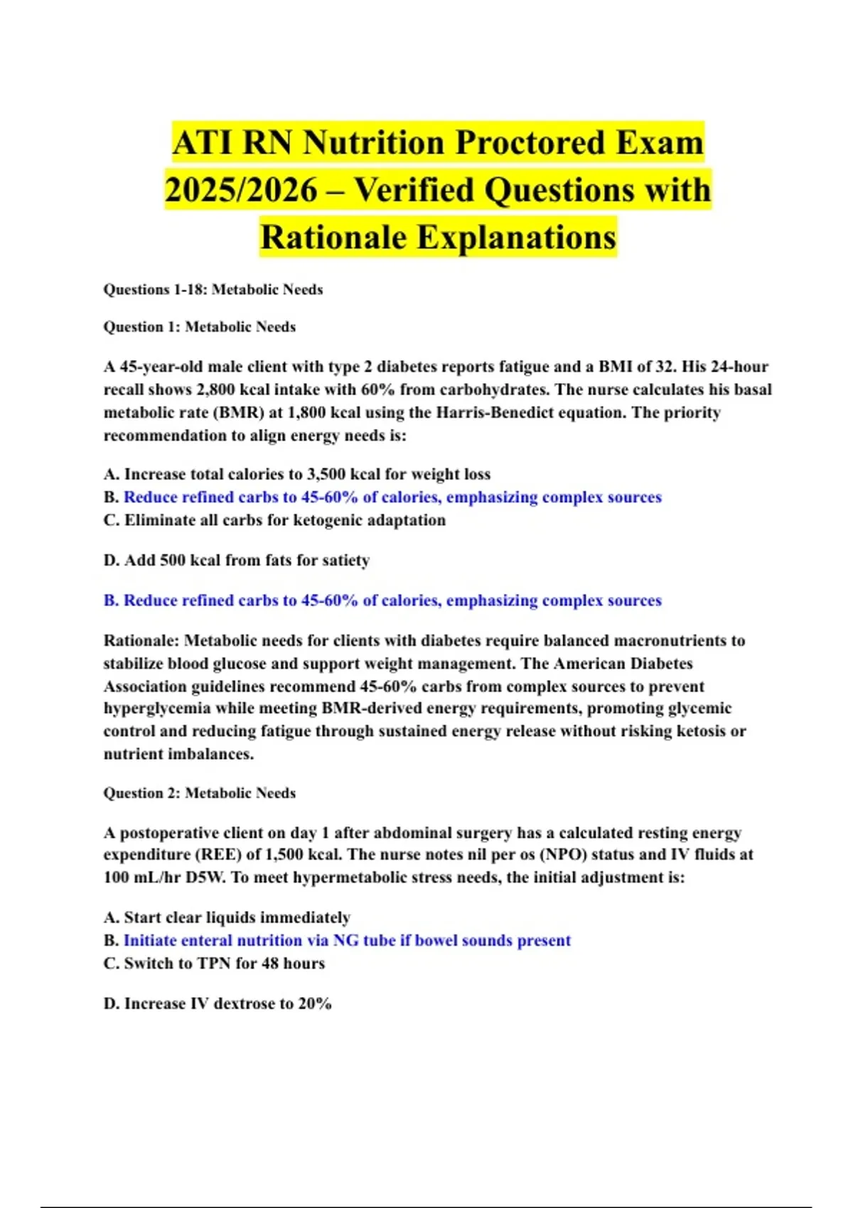 ATI RN Nutrition Proctored Exam 2025/2026 – Verified Questions with ...