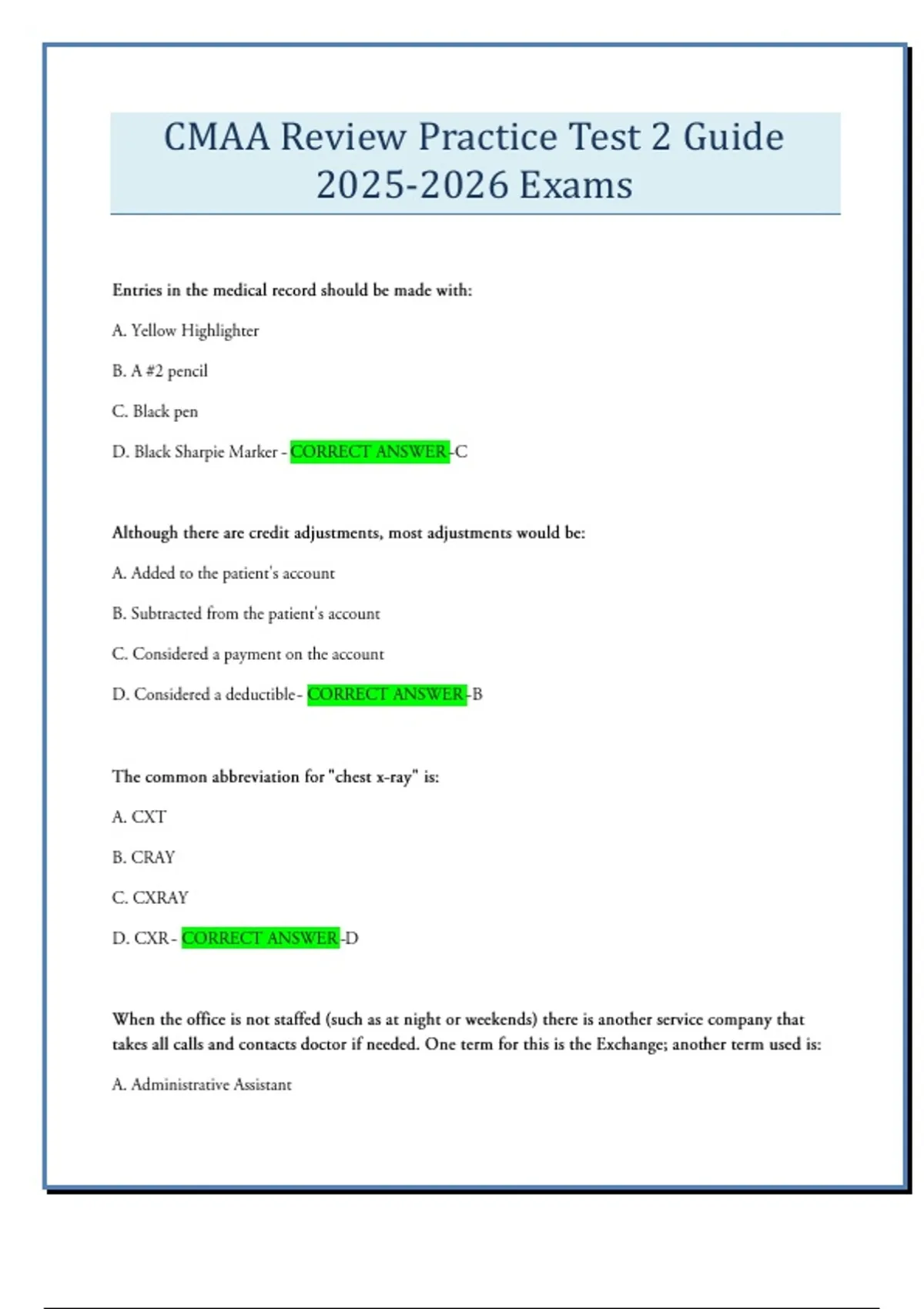 CMAA Review Practice Test 2 Guide Exams - Certified Medical Administrative Assistant - Stuvia US