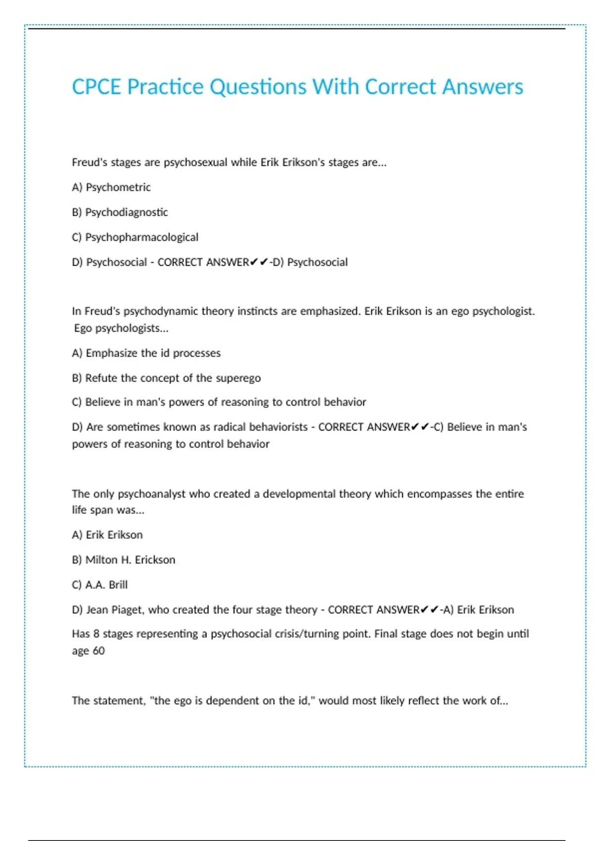 CPCE Practice Questions With Correct Answers - CPCE - Stuvia US