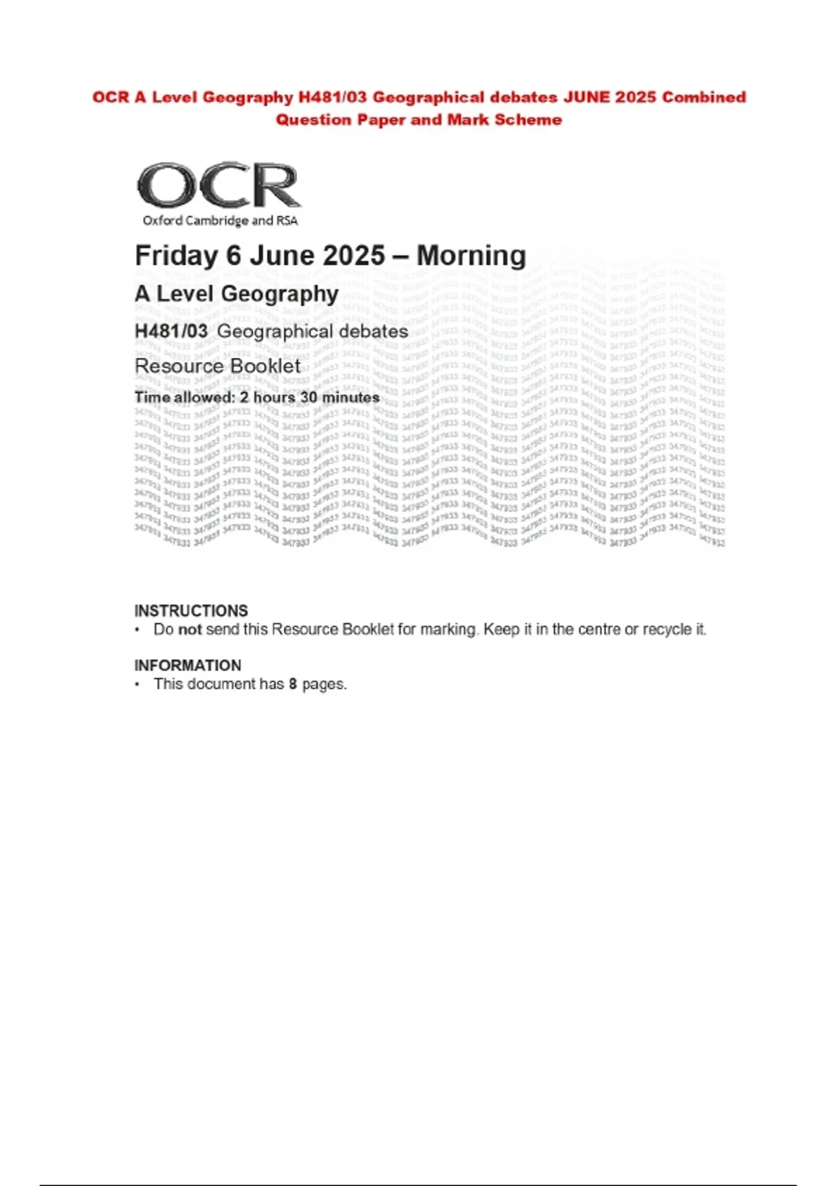 OCR A Level Geography H481/03 Geographical debates Resource Booklet ...