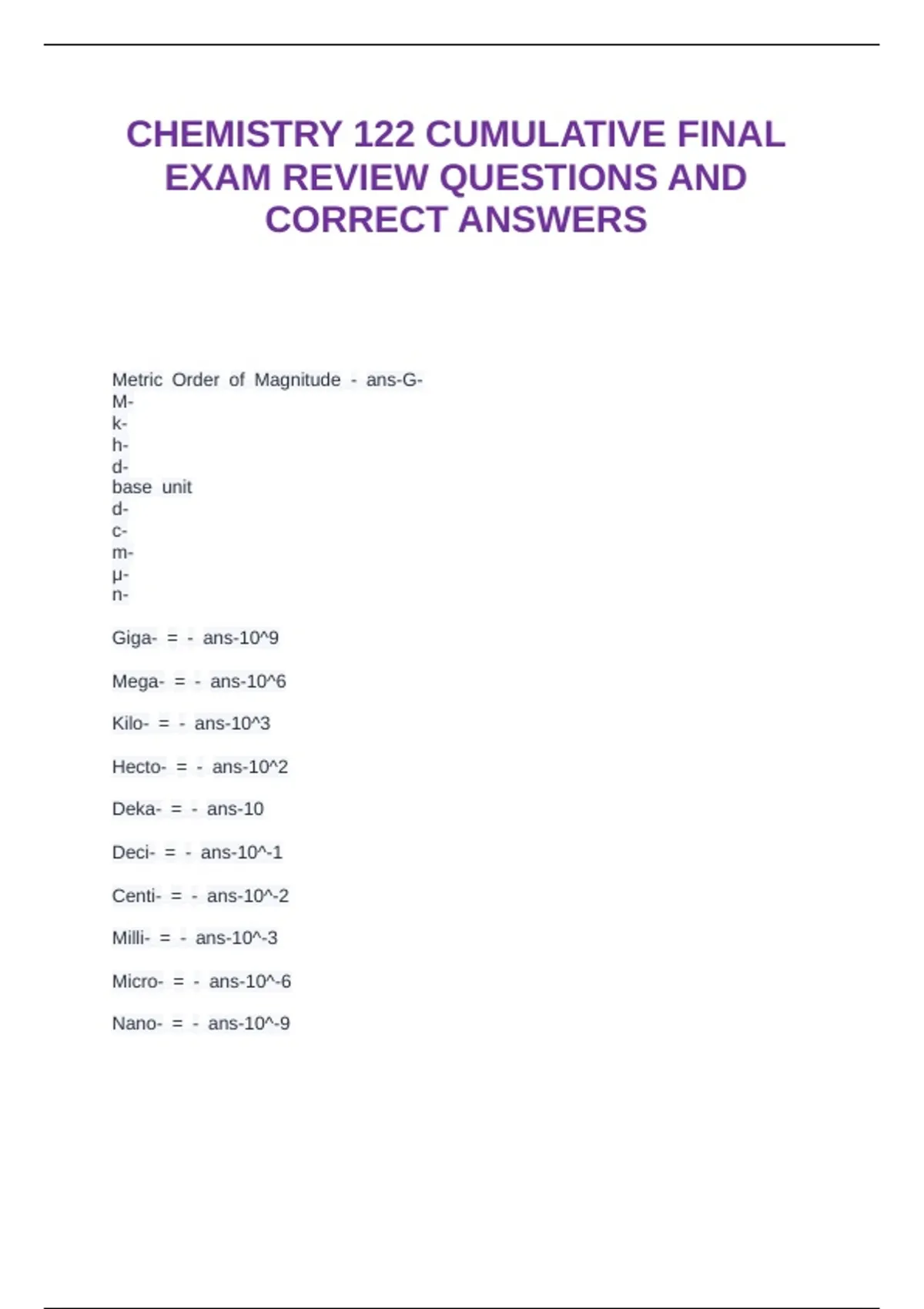 CHEMISTRY 122 CUMULATIVE FINAL EXAM REVIEW QUESTIONS AND CORRECT ...