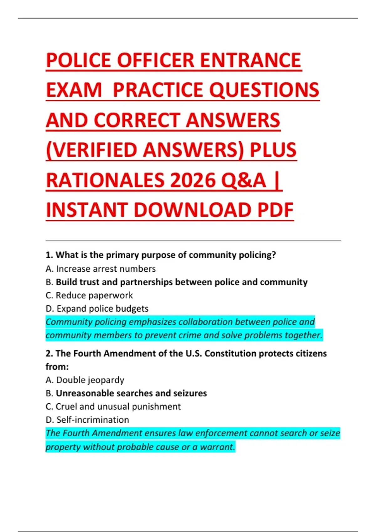 Police Officer Bio Questionnaire.pdf POLICE OFFICER ENTRANCE EXAM PRACTICE QUESTIONS AND CORRECT ANSWERS ...