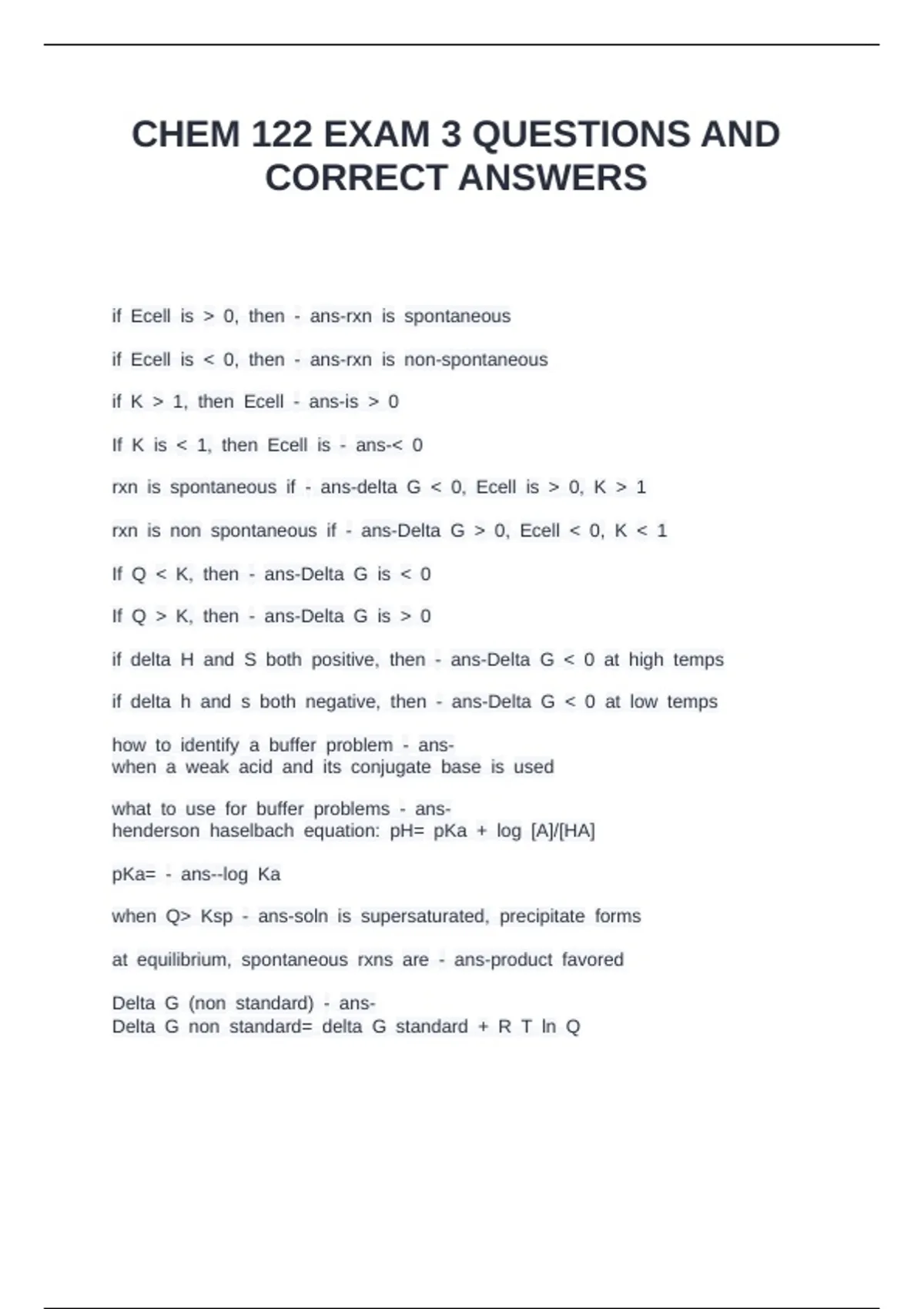CHEM 122 EXAM 3 QUESTIONS AND CORRECT ANSWERS - Chem 122 - Stuvia US