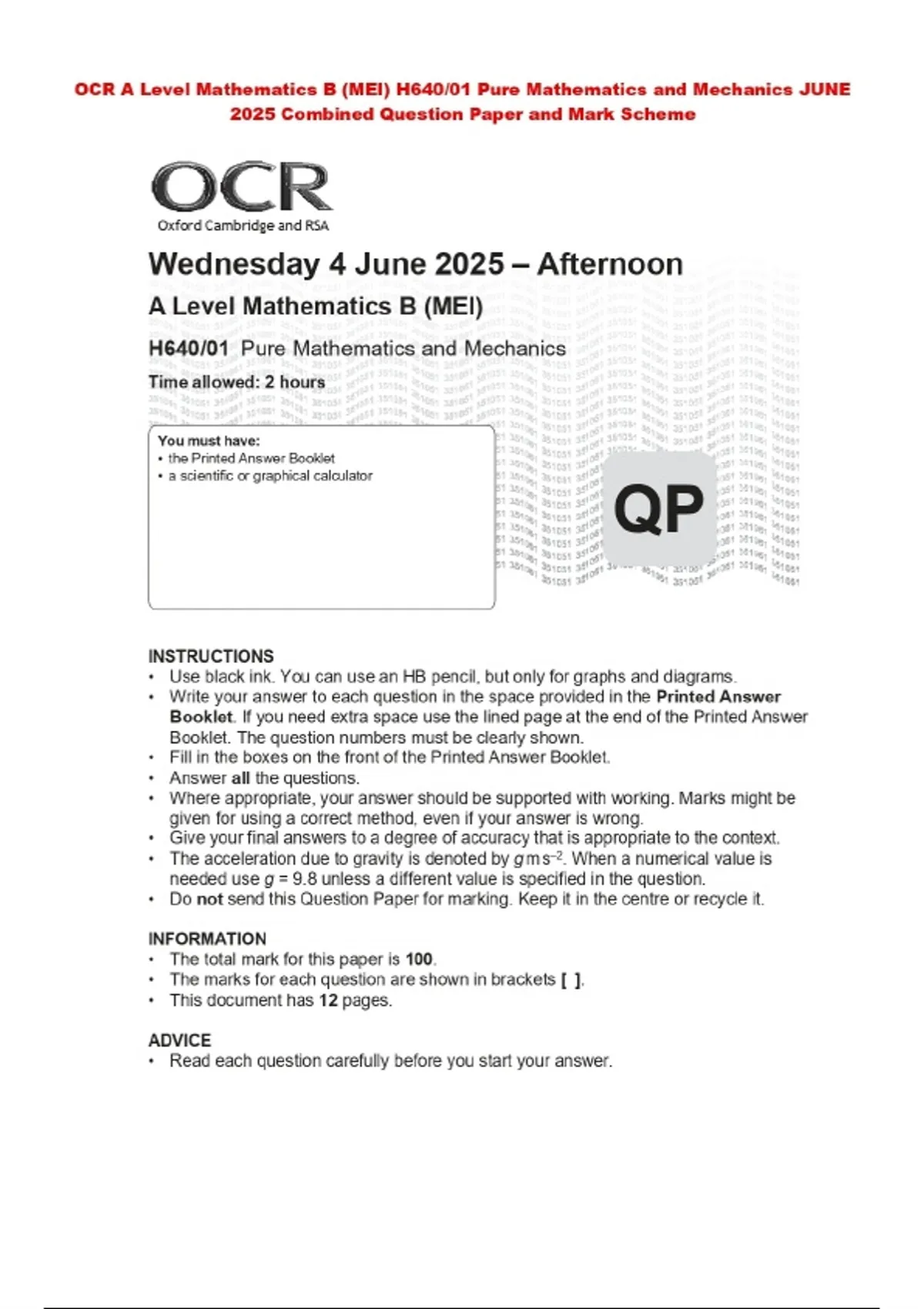 BUNDLE:: OCR A Level Mathematics Question Paper and Mark Scheme 2025 ...