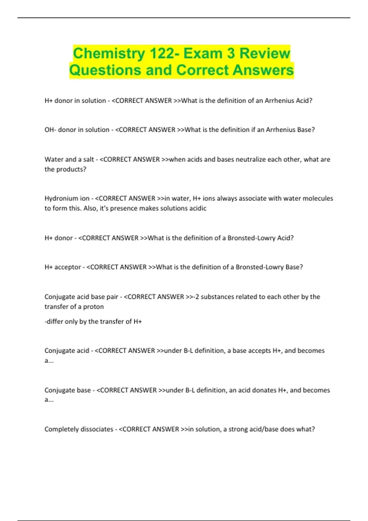 Chemistry 122- Exam 3 Review Questions and Correct Answers - Chem 122 ...