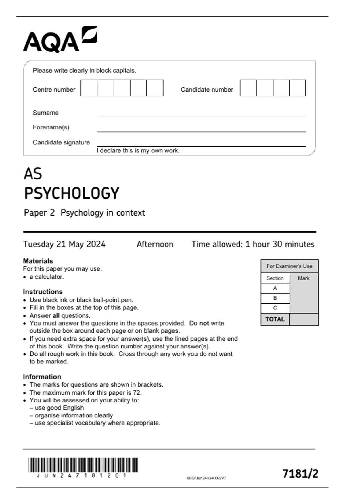 2025 AQA AS-Level Psychology Paper 2 QP & MS - Stuvia UK