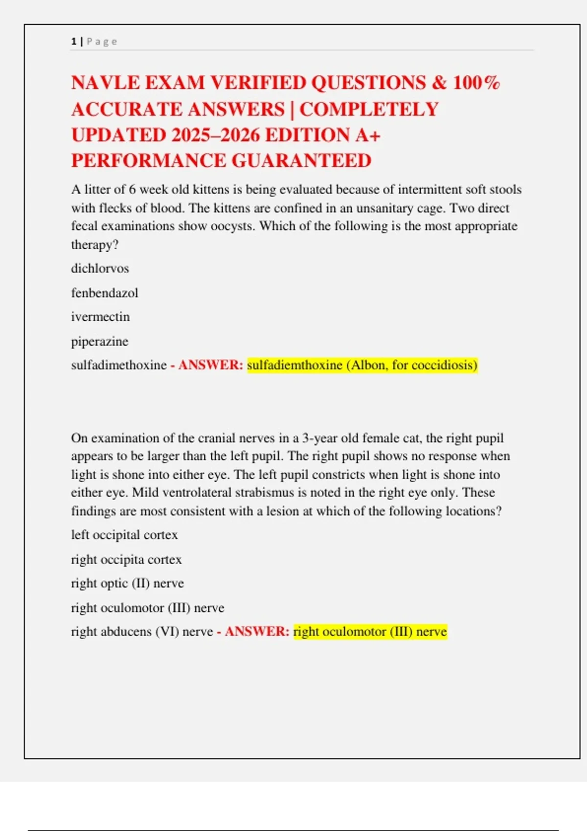 Navle Sample Question NAVLE EXAM VERIFIED QUESTIONS & 100% ACCURATE ANSWERS | COMPLETELY ...